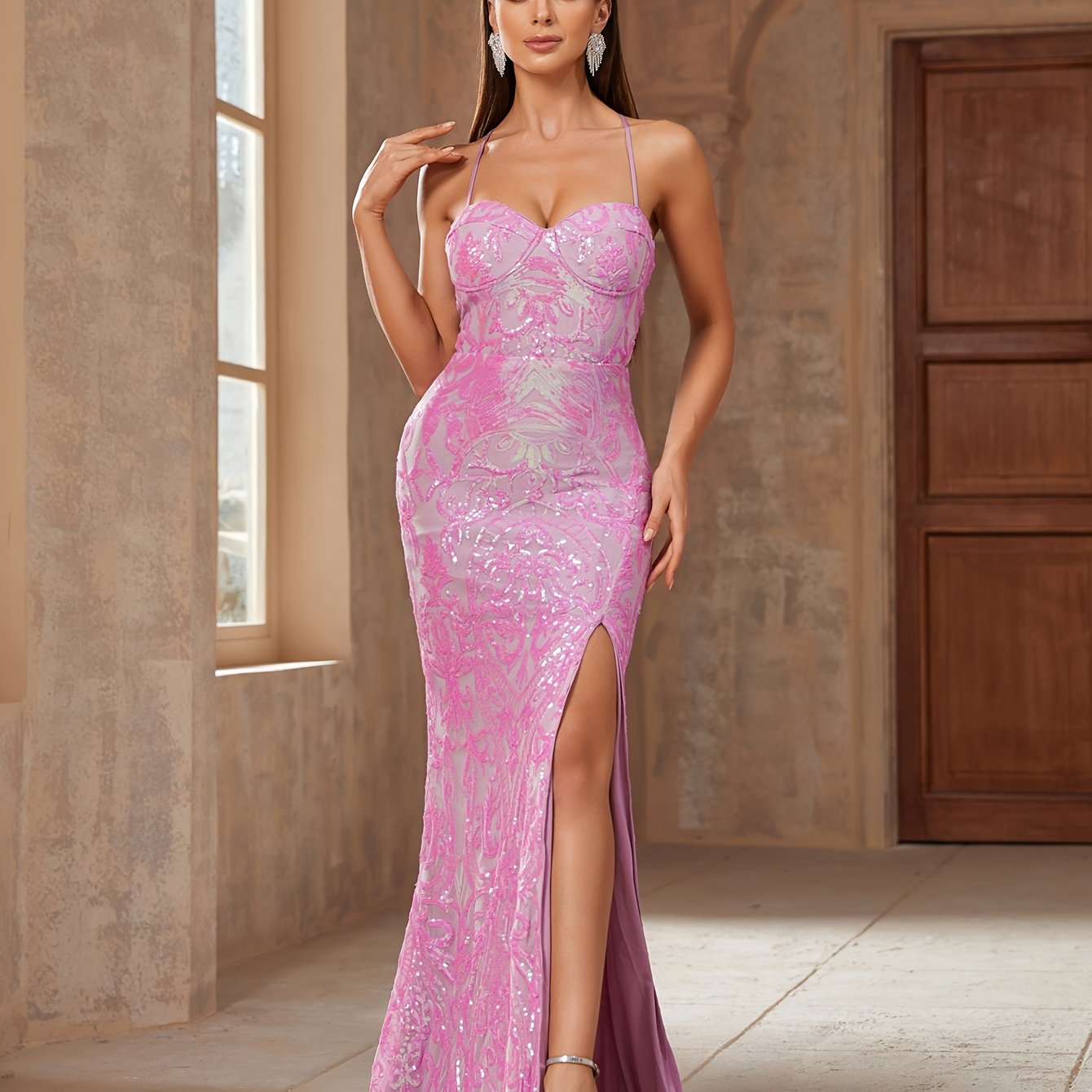 vlovelaw Sequin Spaghetti Strap Dress, Elegant Backless Split Thigh Evening Dress For Party & Banquet, Women's Clothing