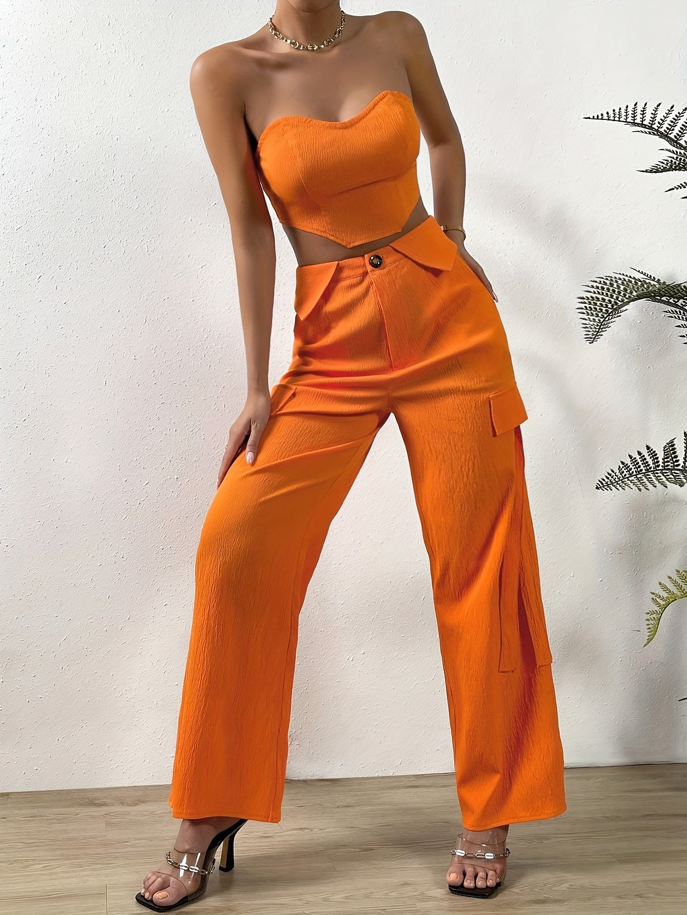 vlovelaw Solid Color Two-piece Set, Tie Back Tube Top & Button Long Pants Outfits, Women's Clothing