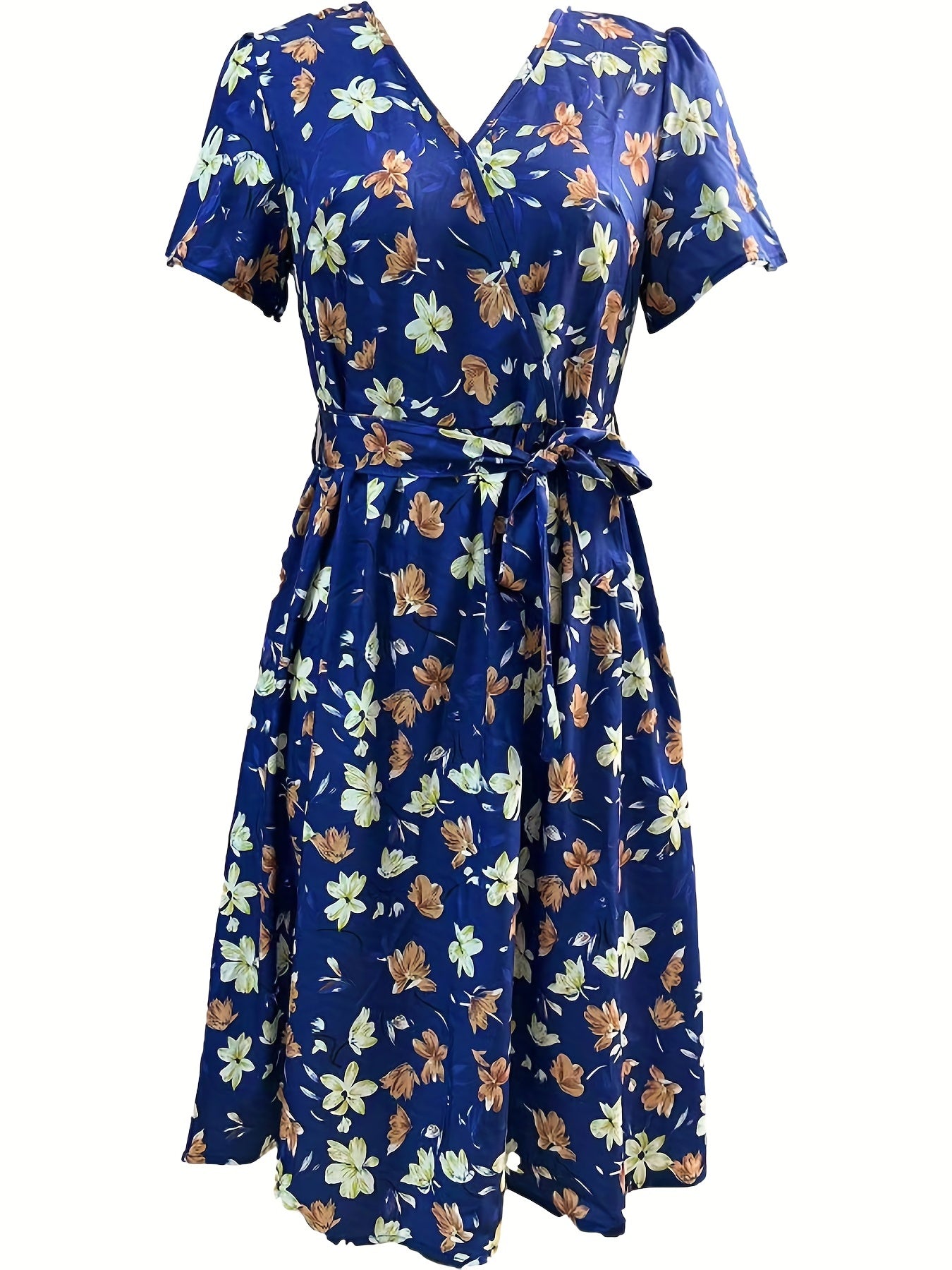 vlovelaw Floral Print V Neck Dress, Elegant Knot Pleated Short Sleeve Dress, Women's Clothing