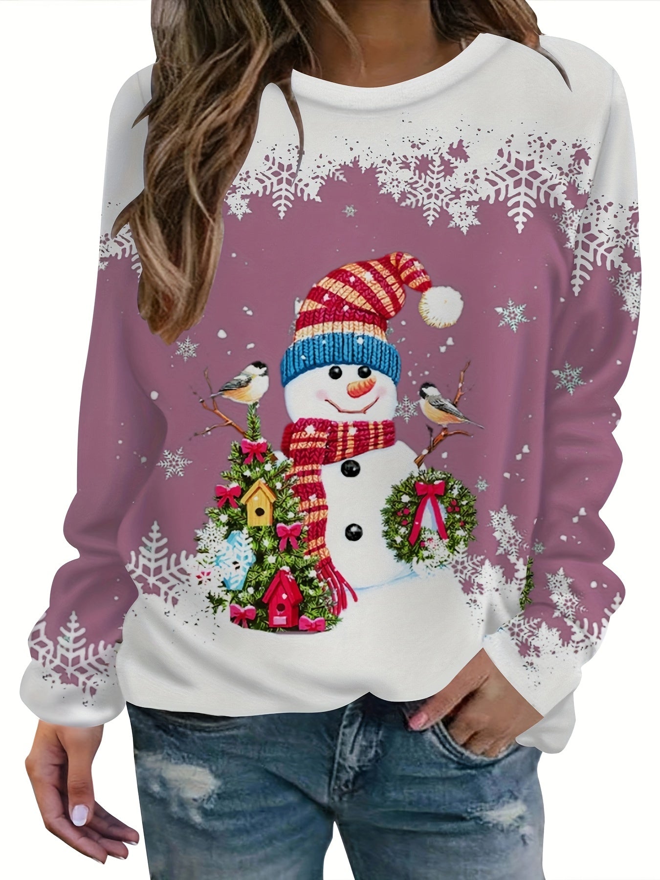 vlovelaw Christmas Snowman Printed Warm Sports Sweatshirts, Long-sleeved Round Neck Casual Sports Pullover Tops For Winter And Autumn, Women's Sporty Sweatshirts