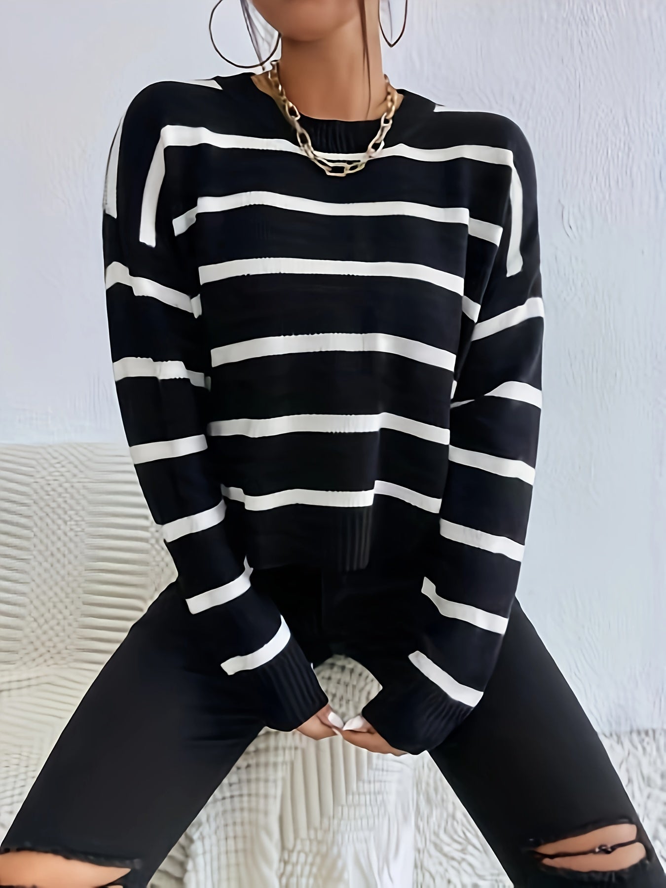 vlovelaw Striped Crew Neck Pullover Sweater, Casual Long Sleeve Drop Shoulder Sweater, Women's Clothing