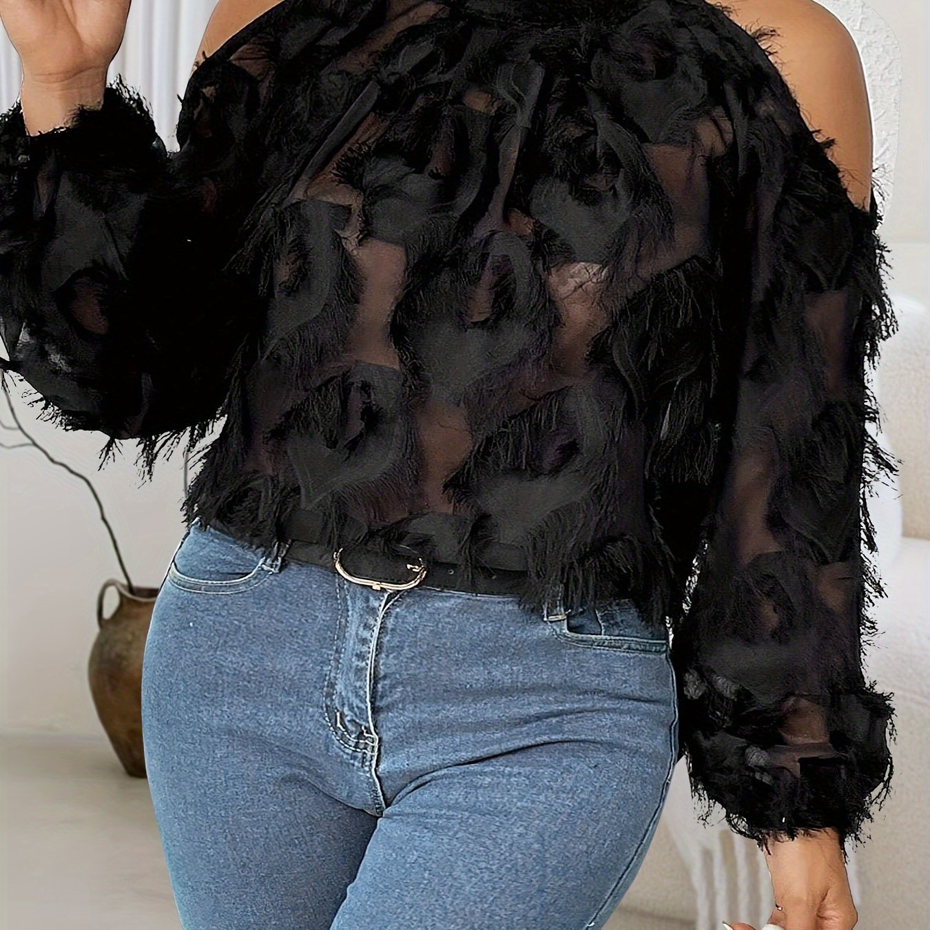 vlovelaw Plus Size Fringe Trim Top, Casual Cold Shoulder Long Sleeve Top, Women's Plus Size Clothing