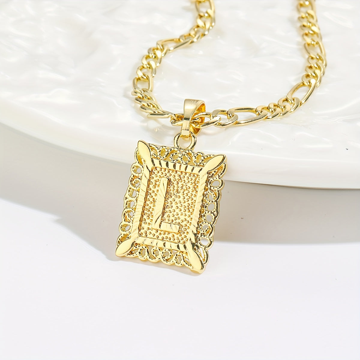 18K Gold Plated Square Monogram Pendant Necklace - Fashionable Personalized Alphabet Letter A-Z Figaro Chain Necklace for Men and Women - Copper Material, No Magnetic, No Mosaic, Plating-Free, Stylish Jewelry for Any Occasion