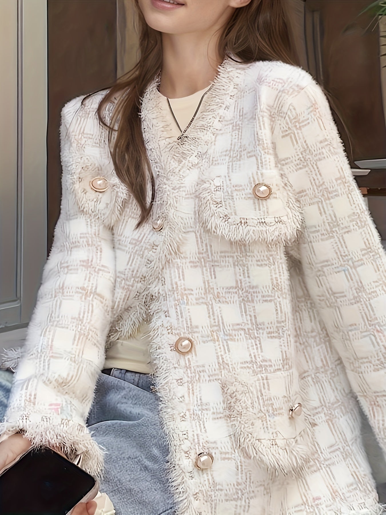 Women's Chic Long Sleeve Knitted Coat - Elegant Plaid Design, Button Front, Raw Trim, Dual Pockets, Fall & Winter Essential