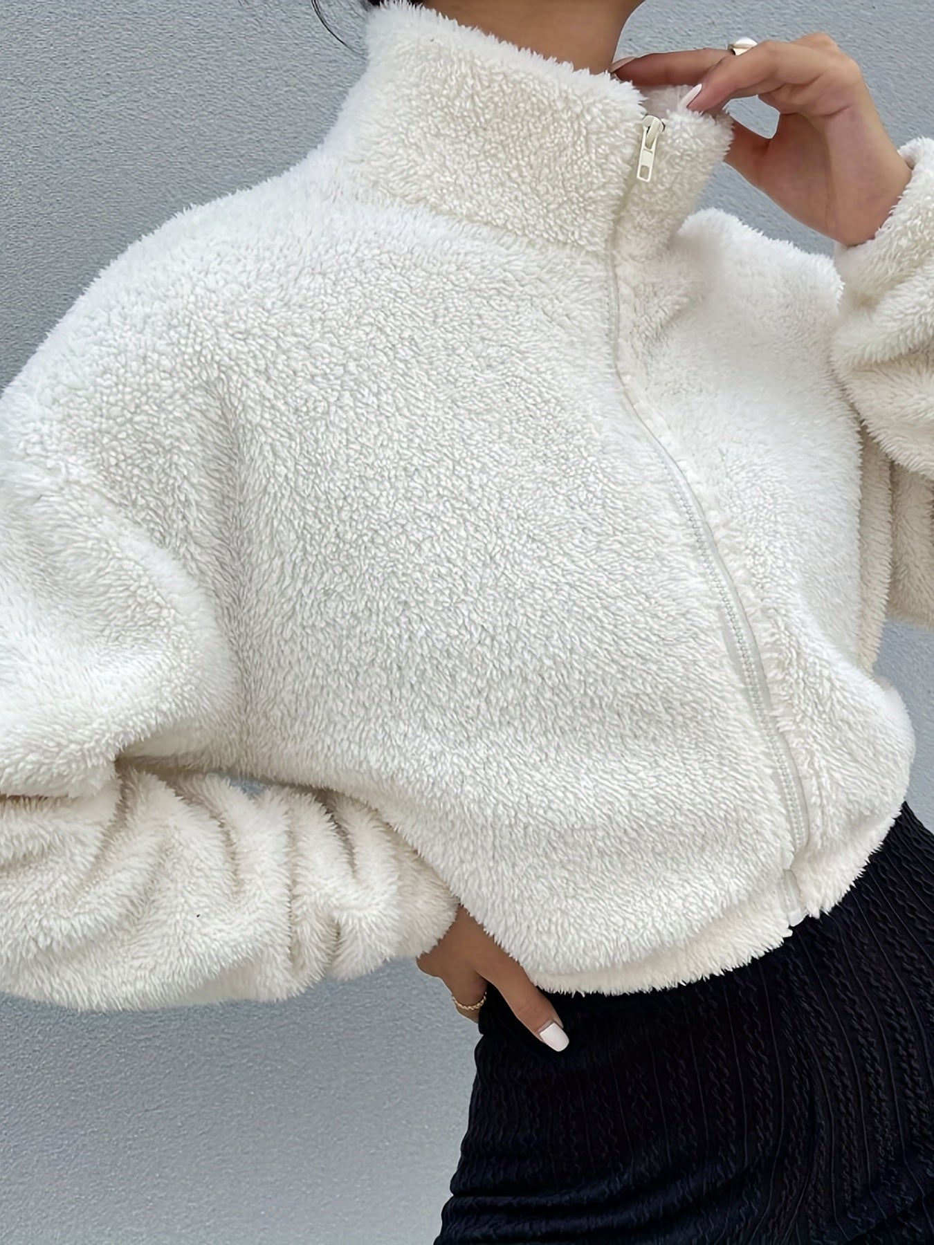 vlovelaw  Zip Up Teddy Jacket, Casual High Neck Long Sleeve Outerwear, Women's Clothing