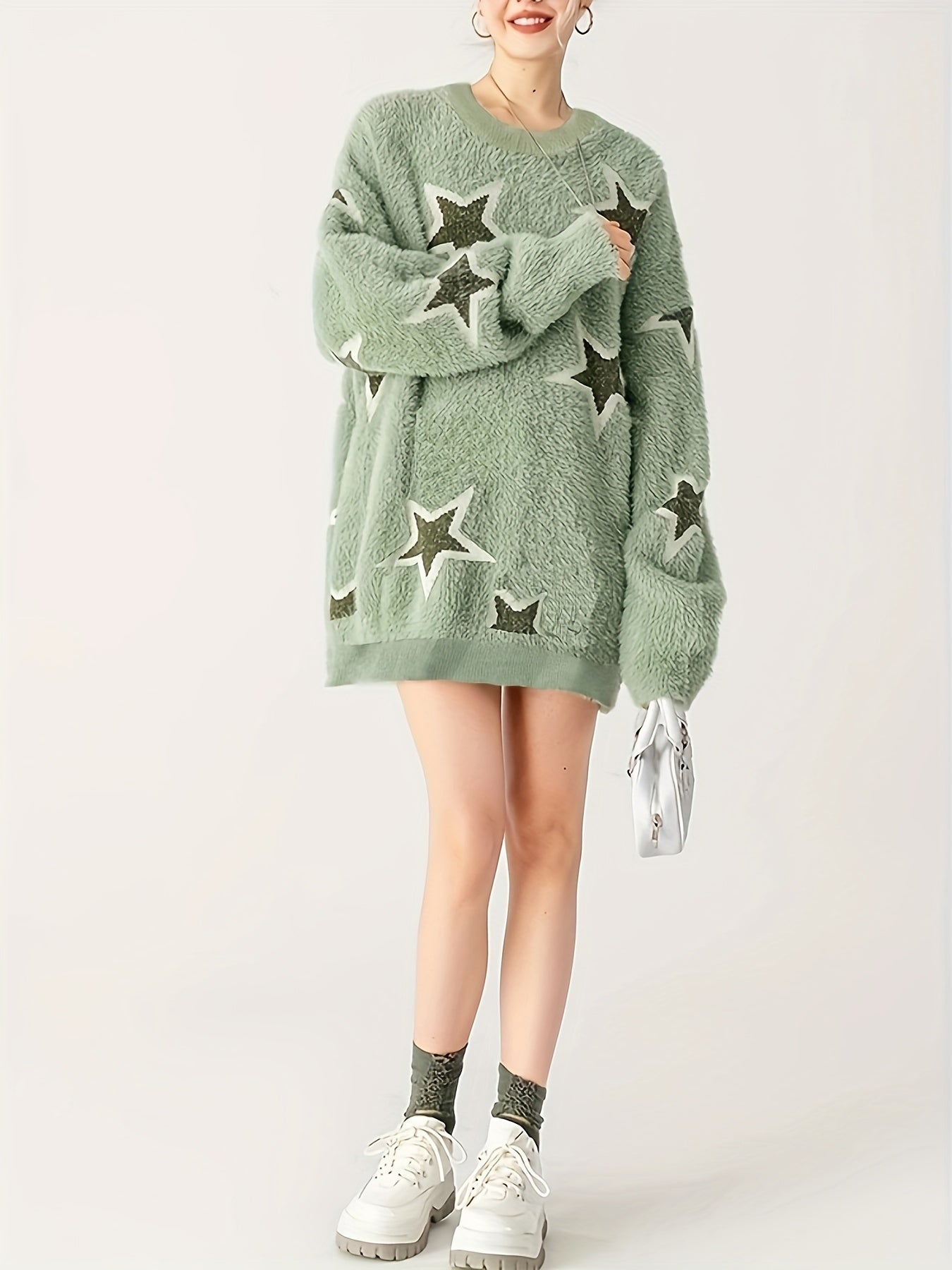 vlovelaw Star Pattern Crew Neck Sweater, Casual Long Sleeve Sweater For Fall & Winter, Women's Clothing