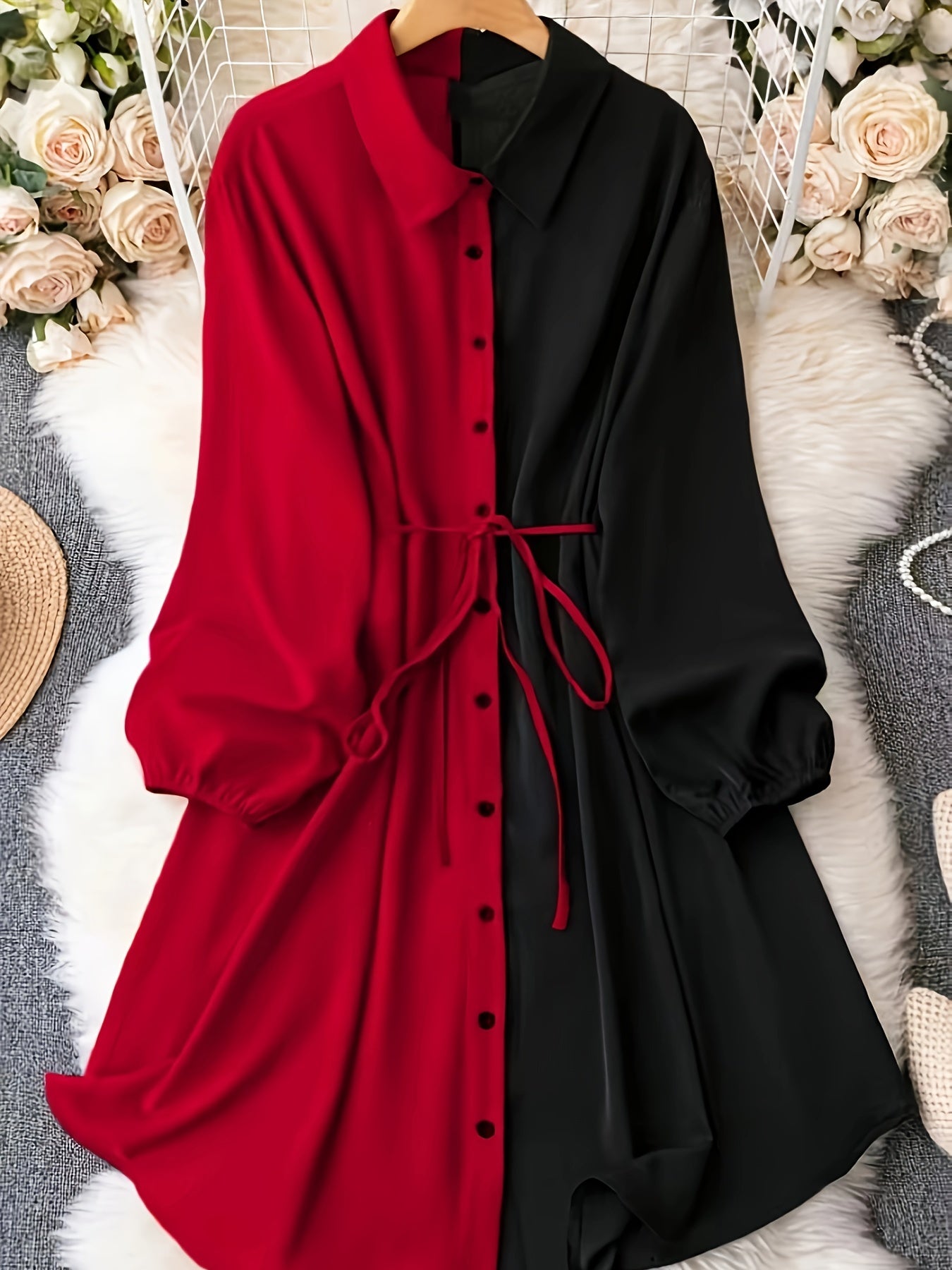 vlovelaw Plus Size Casual Dress, Women's Plus Colorblock Lantern Sleeve Button Up Lapel Collar Belted Shirt Dress