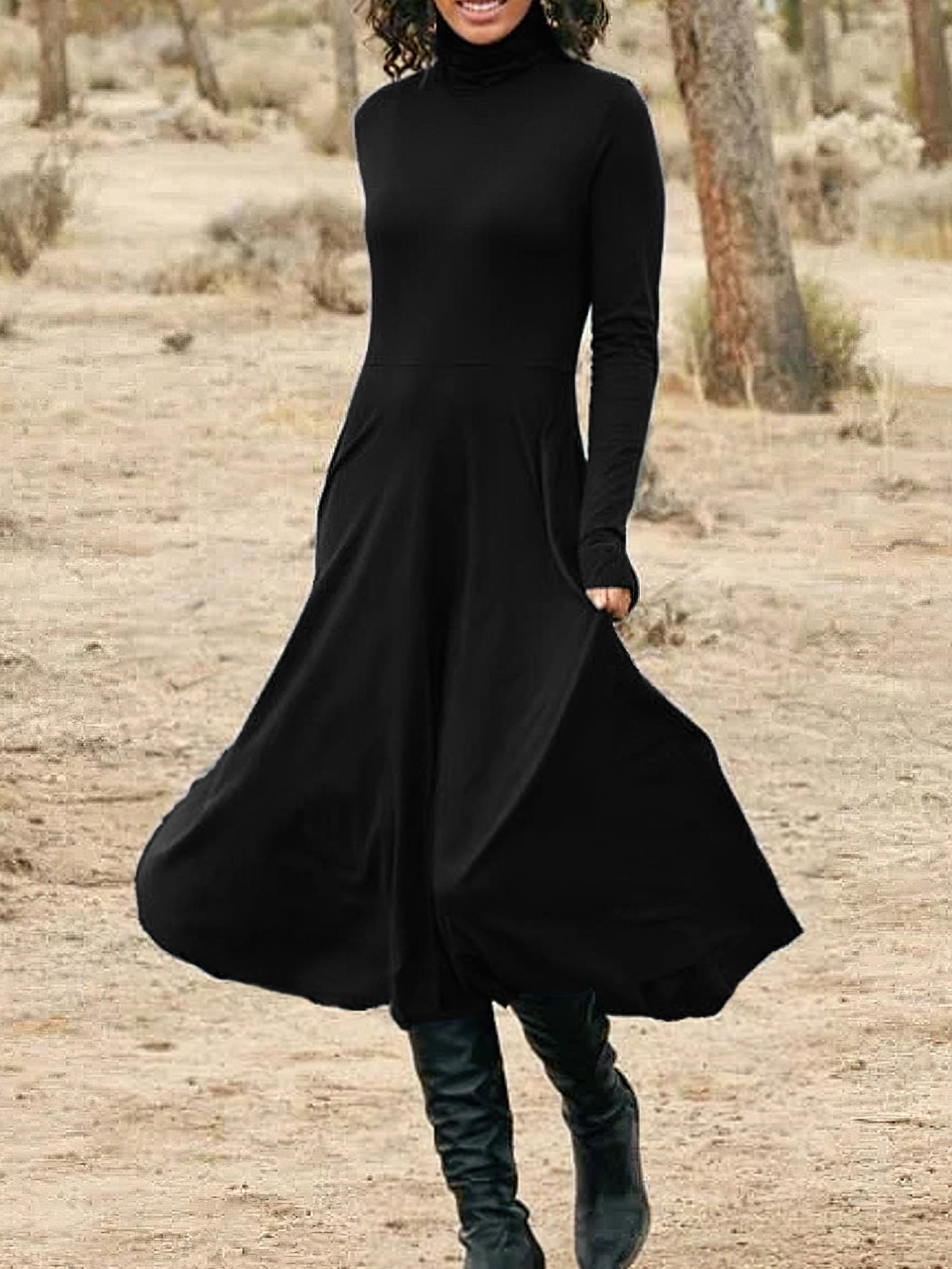 vlovelaw High Neck Solid Midi Dress, Elegant Long Sleeve Daily Dress, Women's Clothing