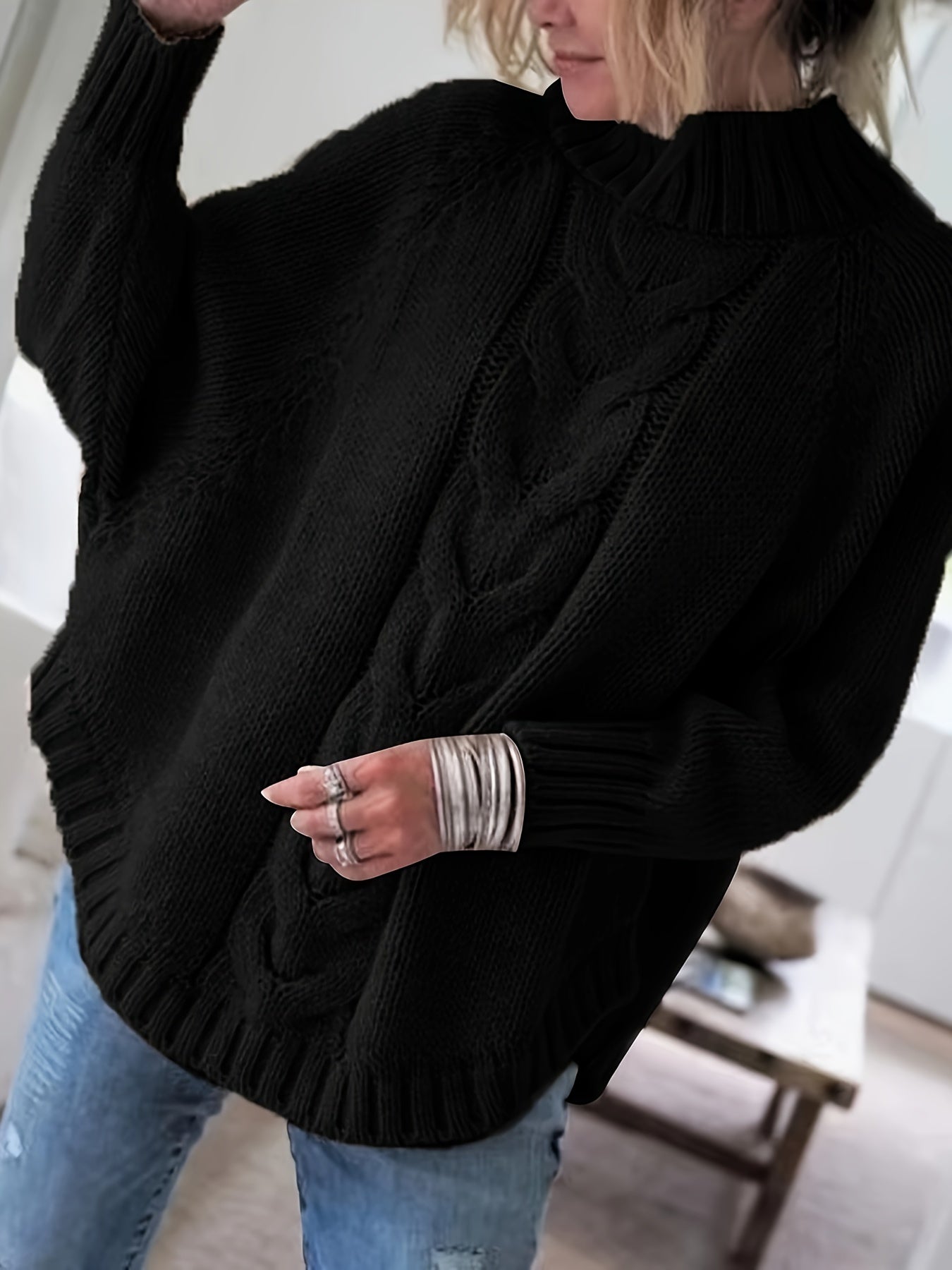 Cable Mock Neck Sweater, Vintage Batwing Sleeve Curved Hem Sweater, Women's Clothing