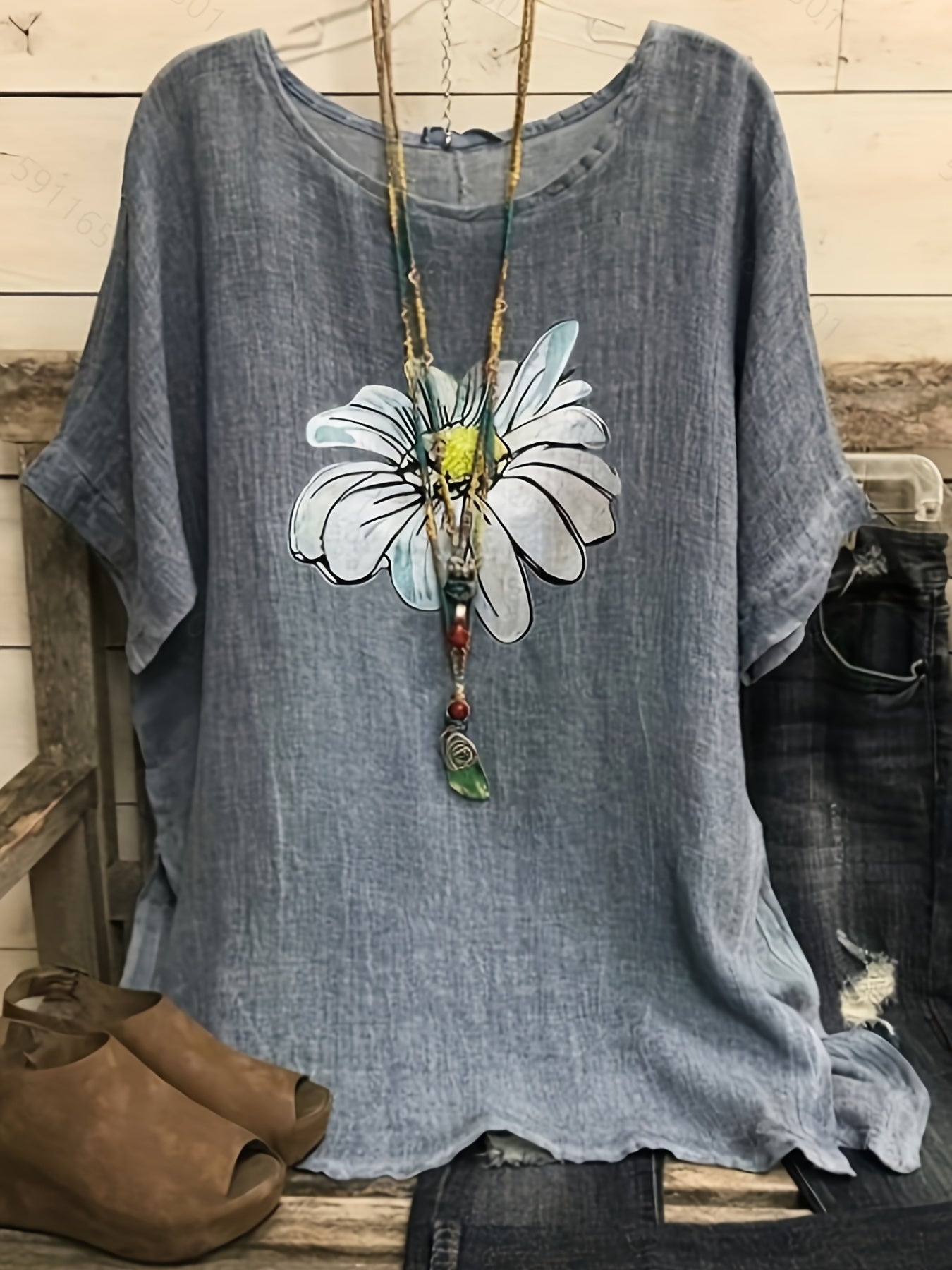 Plus Size Casual Top, Women's Plus Flower Print Short Sleeve Round Neck T-shirt