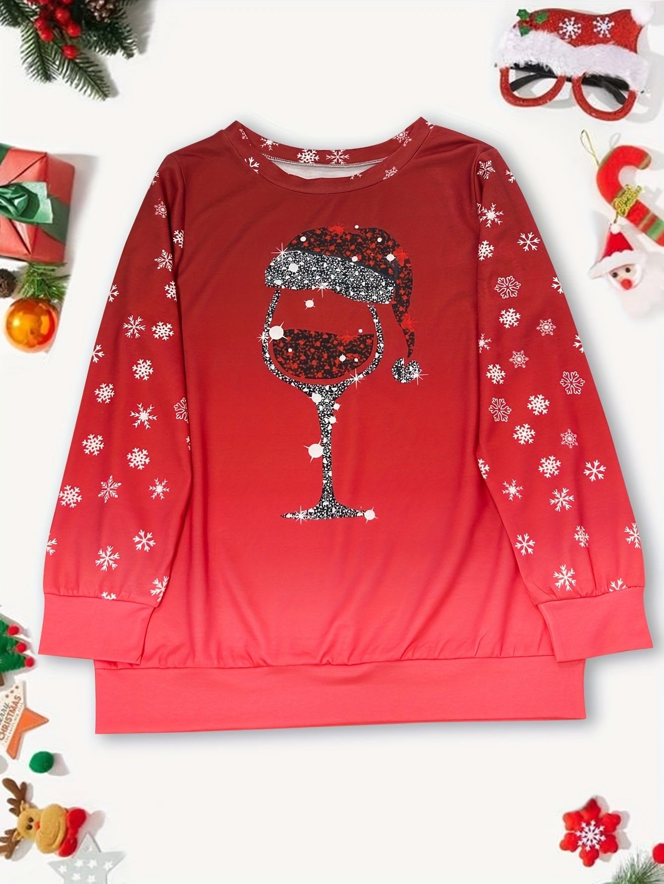 Women's Festive Christmas Wine Glass Print Sweatshirt - Cozy Polyester Blend, Crew Neck, Long Sleeve - Perfect for Fall & Winter, for Christmas, Autumn, Spring