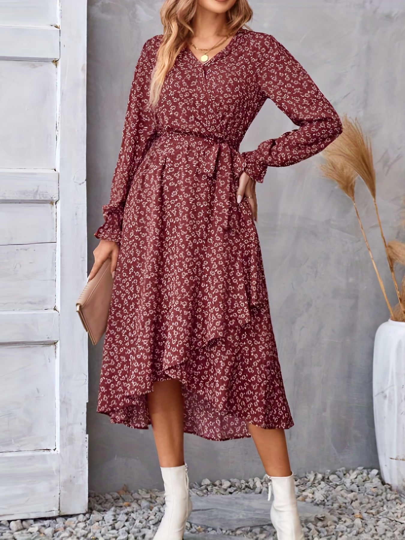 vlovelaw Floral Print Tie Waist V-neck Dress, Elegant Long Sleeve Asymmetrical Hem Dress, Women's Clothing