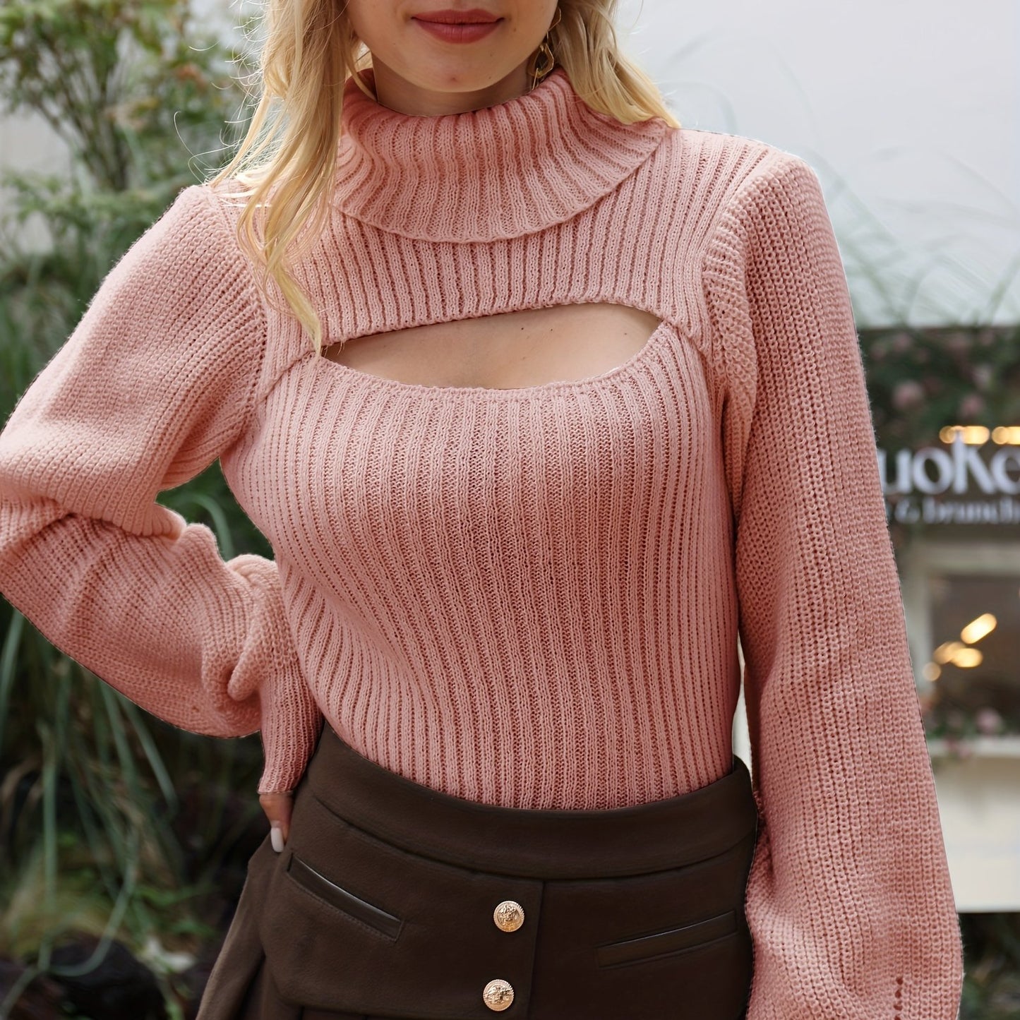 vlovelaw Sexy High Neck Sweater, Long Sleeve Sexy Cut Out Casual Sweater For Spring & Fall, Women's Clothing