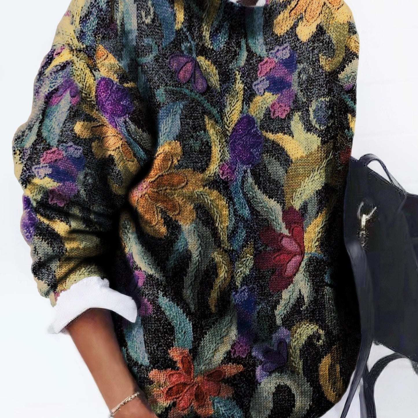 Floral Pattern Crew Neck Pullover Sweater, Casual Long Sleeve Loose Thick Sweater, Women's Clothing