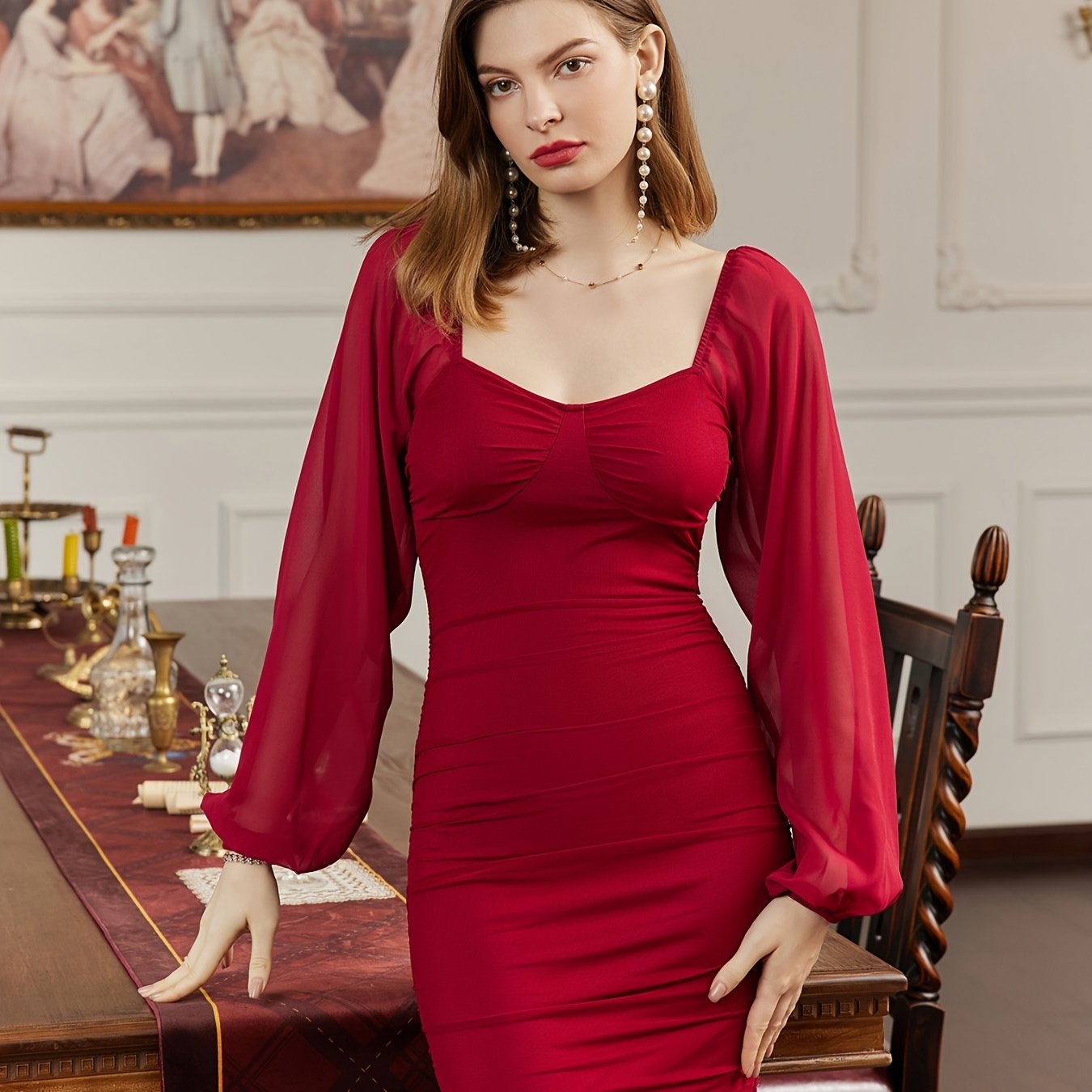 vlovelaw Women's Elegant Solid Skinny Dress, Long Sleeve Square Neck Dress, Dress For Banquet & Party, Women's Clothing