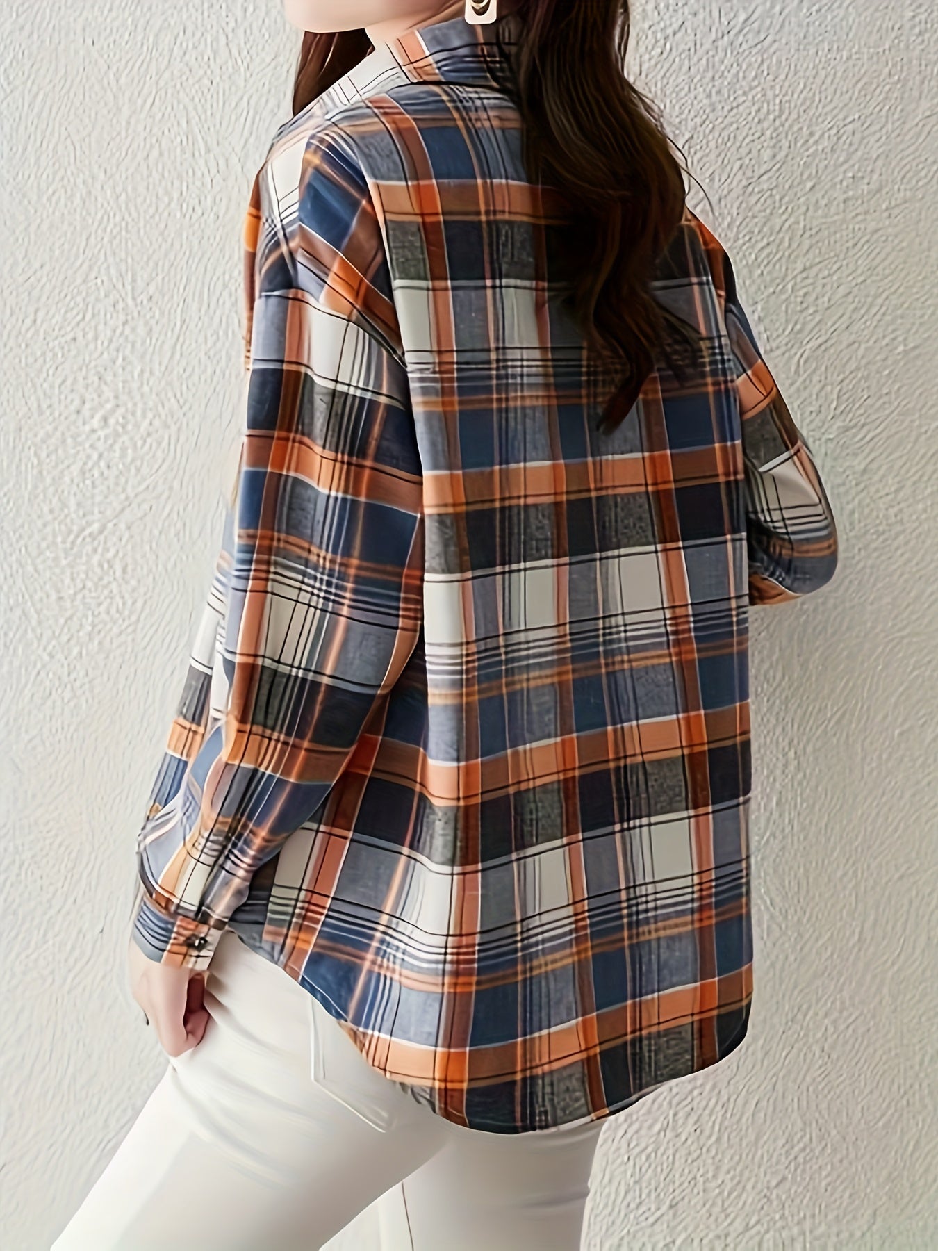 Plaid Shirt With Pocket, Long Sleeve Button Up Casual Top For Spring & Fall, Women's Clothing