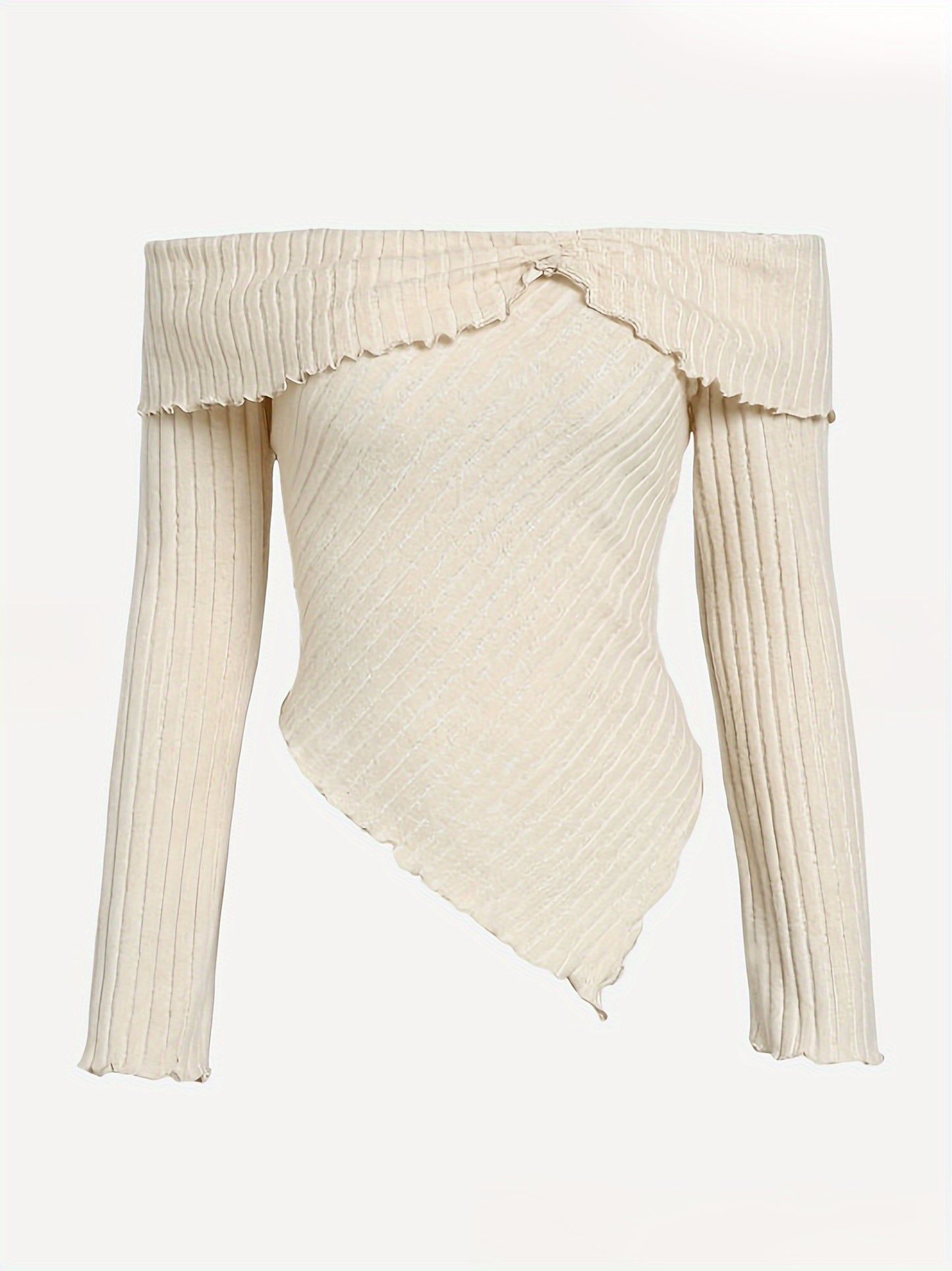 vlovelaw Ribbed Off Shoulder Asymmetrical Hem T-Shirt, Casual Long Sleeve Top For Spring & Fall, Women's Clothing