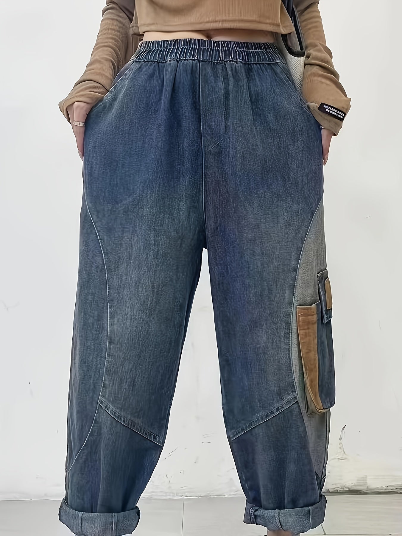 vlovelaw Elastic Waist Versatile Harem Denim Jeans, Loose Fit Slant Pockets Straight Jeans, Women's Denim Jeans & Clothing