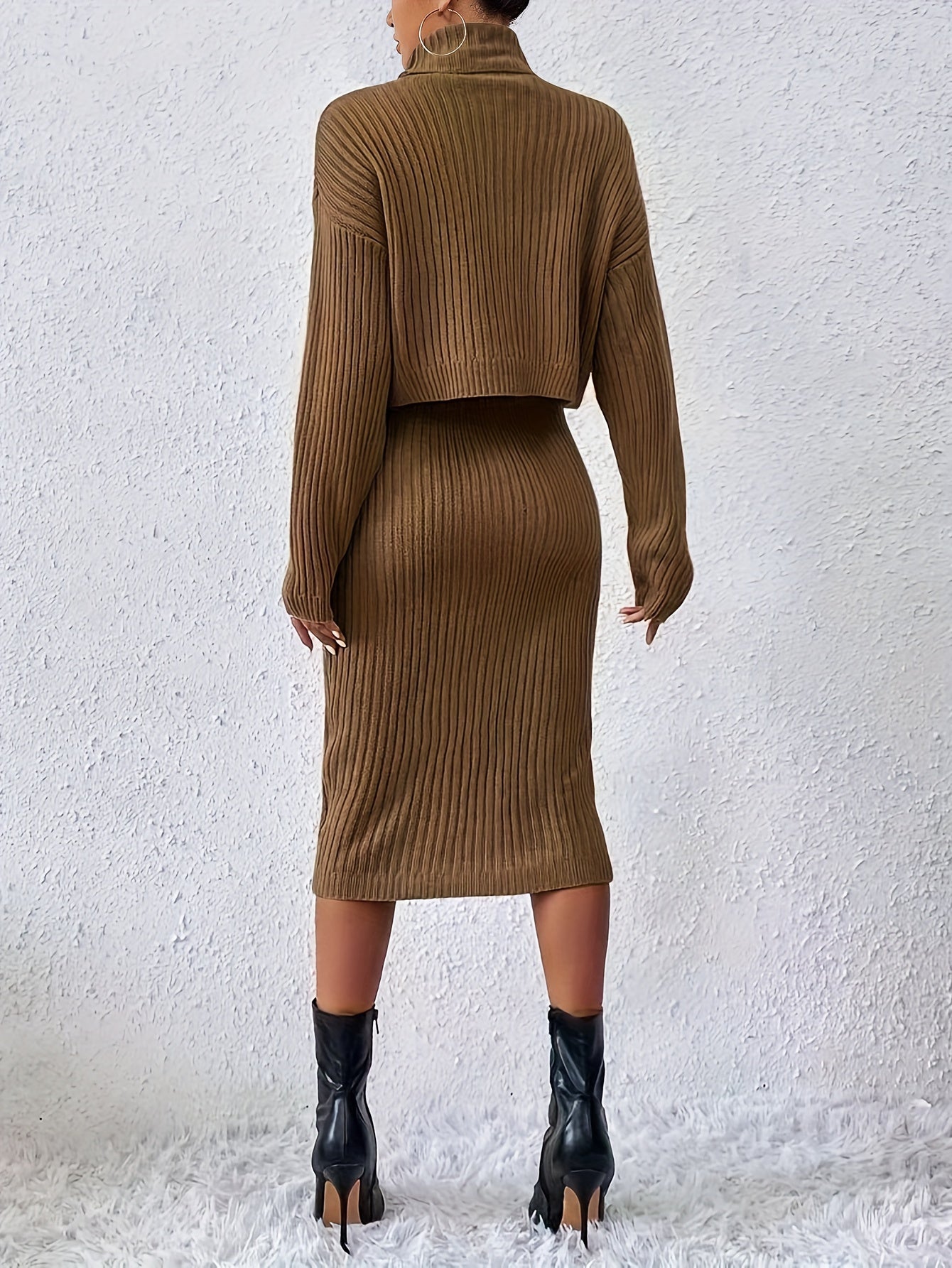 Casual Sweater Two-piece Set, Turtleneck Long Sleeve Tops & Sleeveless Bodycon Dress Outfits, Women's Clothing