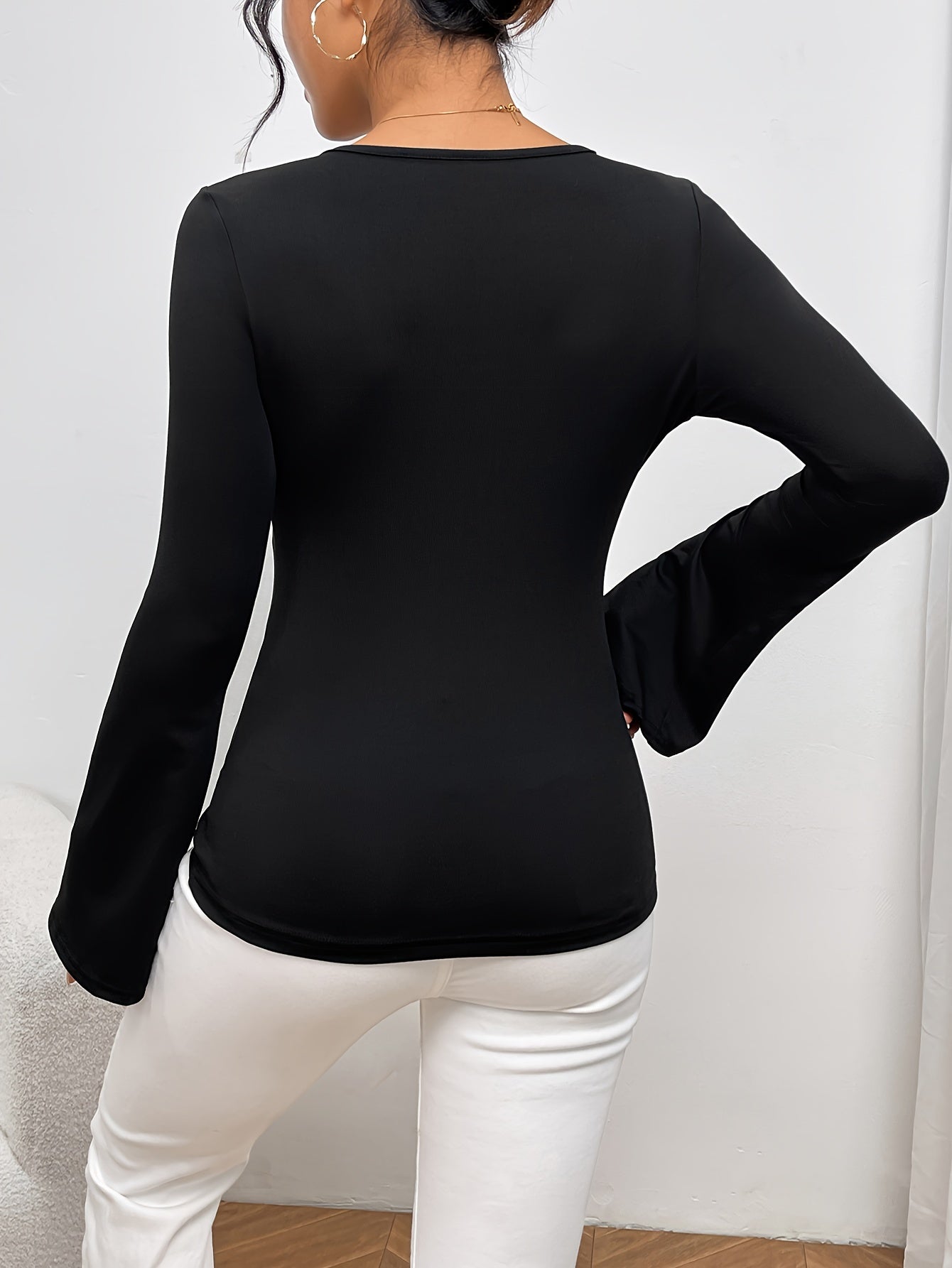 vlovelaw Solid Color V-neck Flared Long Sleeve Shirt, Casual Sports Yoga Fitness Top, Women's Clothing