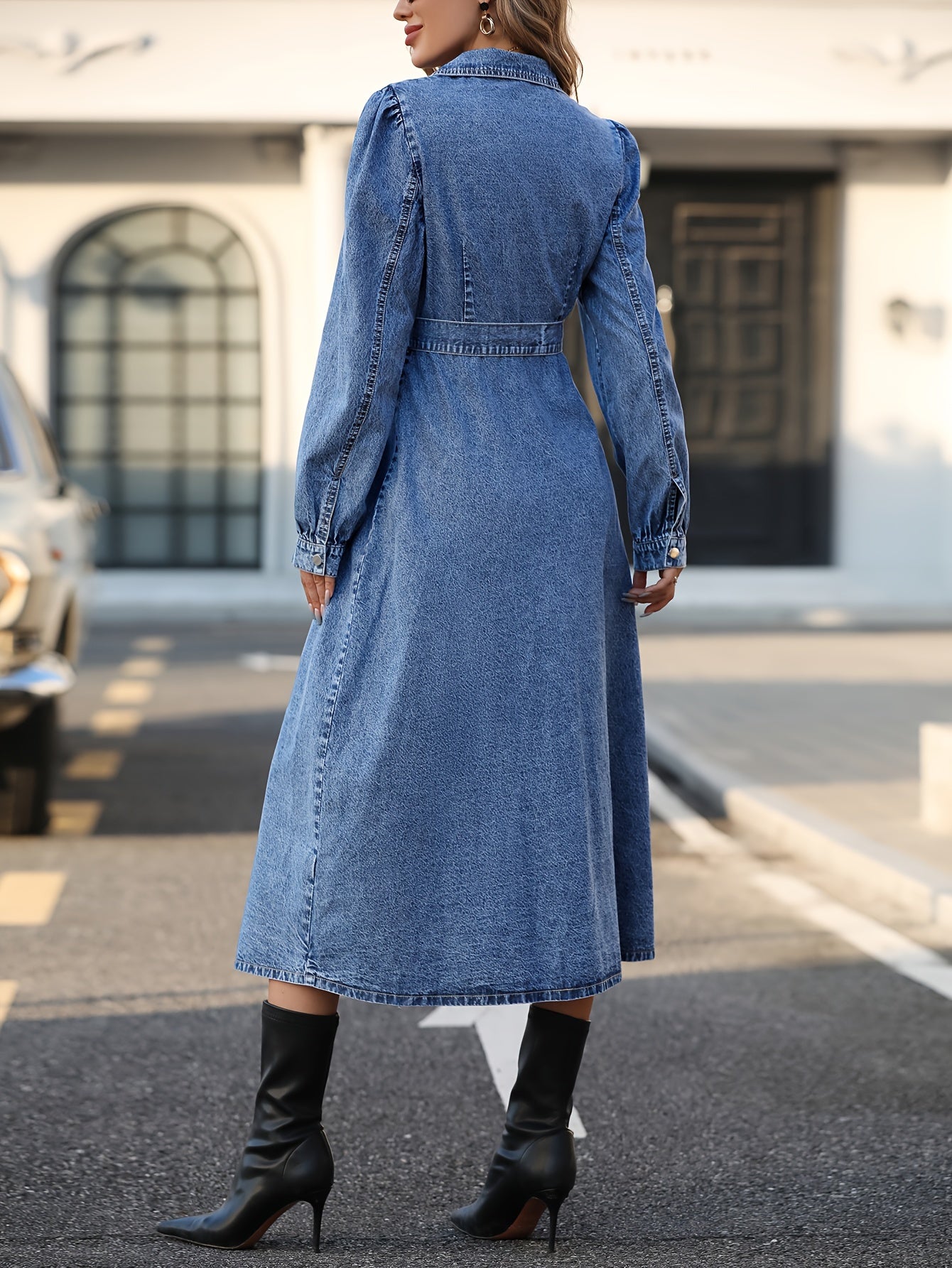Blue Long Sleeves Denim Dress, Single Breasted Button With Waistband Lapel Denim Dress, Women's Denim Clothing