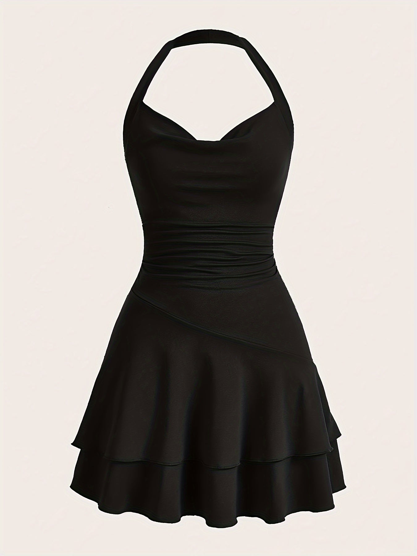 vlovelaw Solid Cowl Neck Halter Dress, Vintage Backless Halter Flare Tiered Dress For Spring & Summer, Women's Clothing