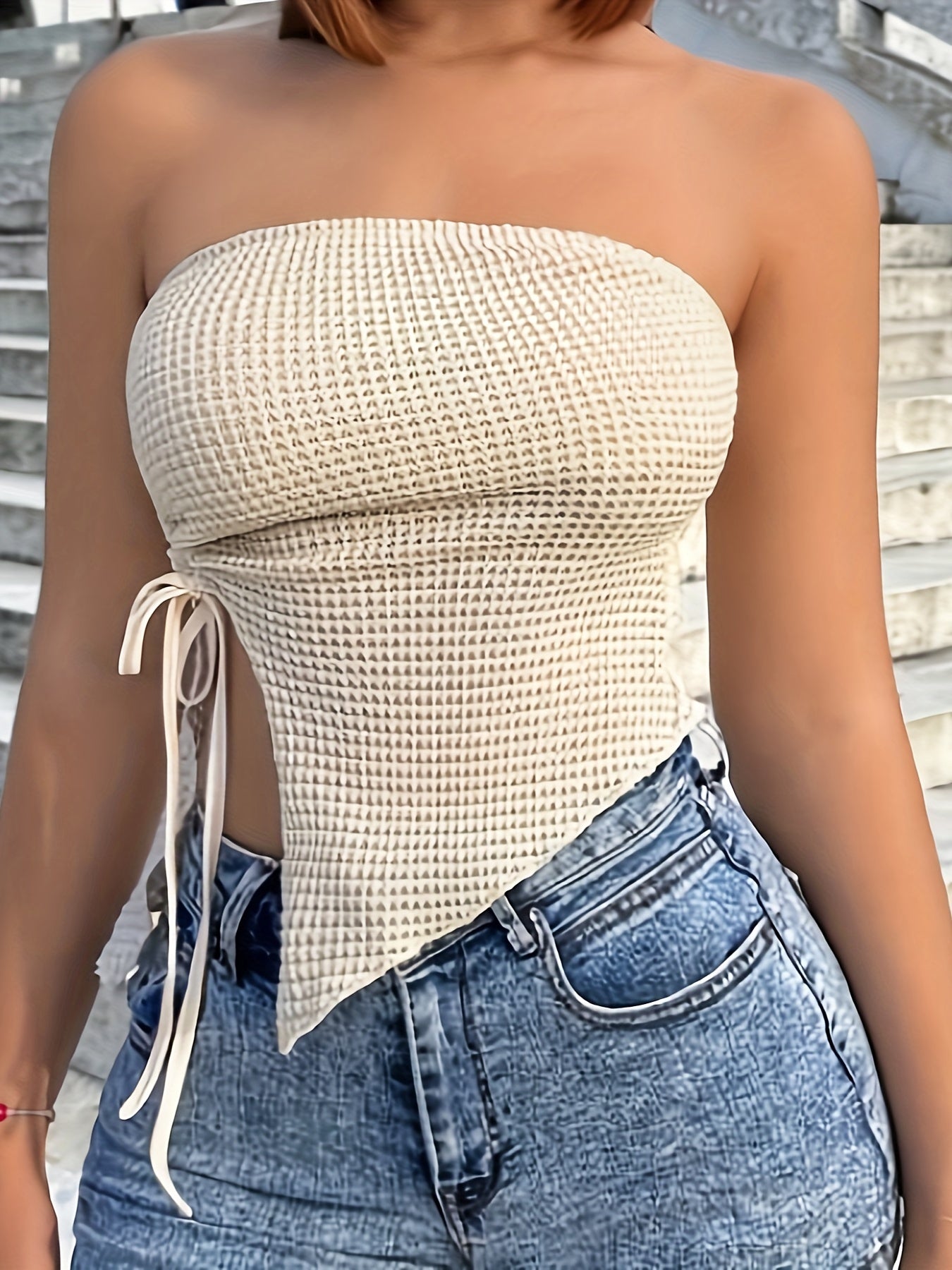 vlovelaw Asymmetrical Hem Tube Top, Y2K Strapless Drawstring Top, Women's Clothing