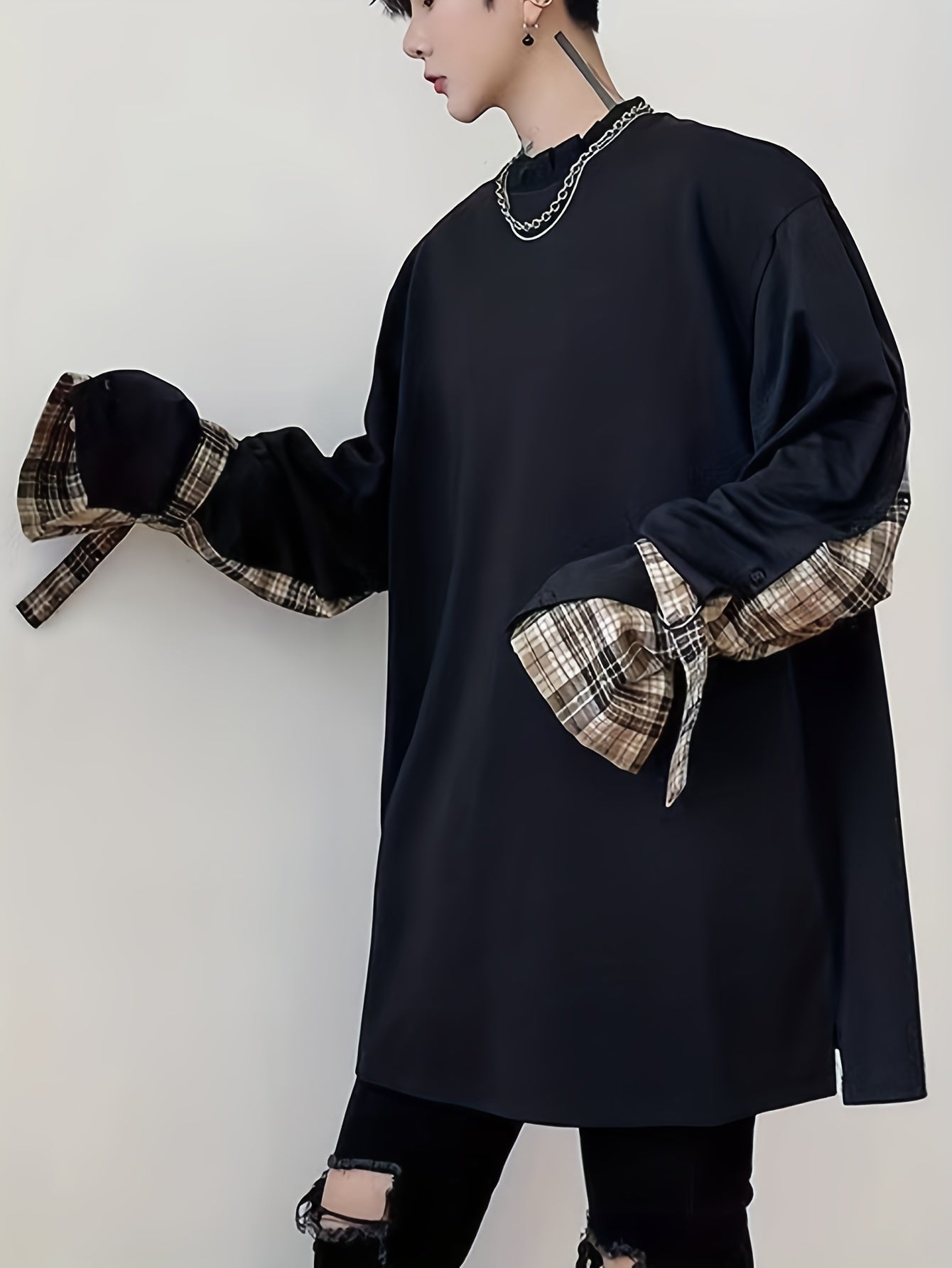 vlovelaw Men's Stylish Collage Style Sweatshirt, Casual Slightly Stretch Button Decor Long Sleeve Loose Top For Outdoor