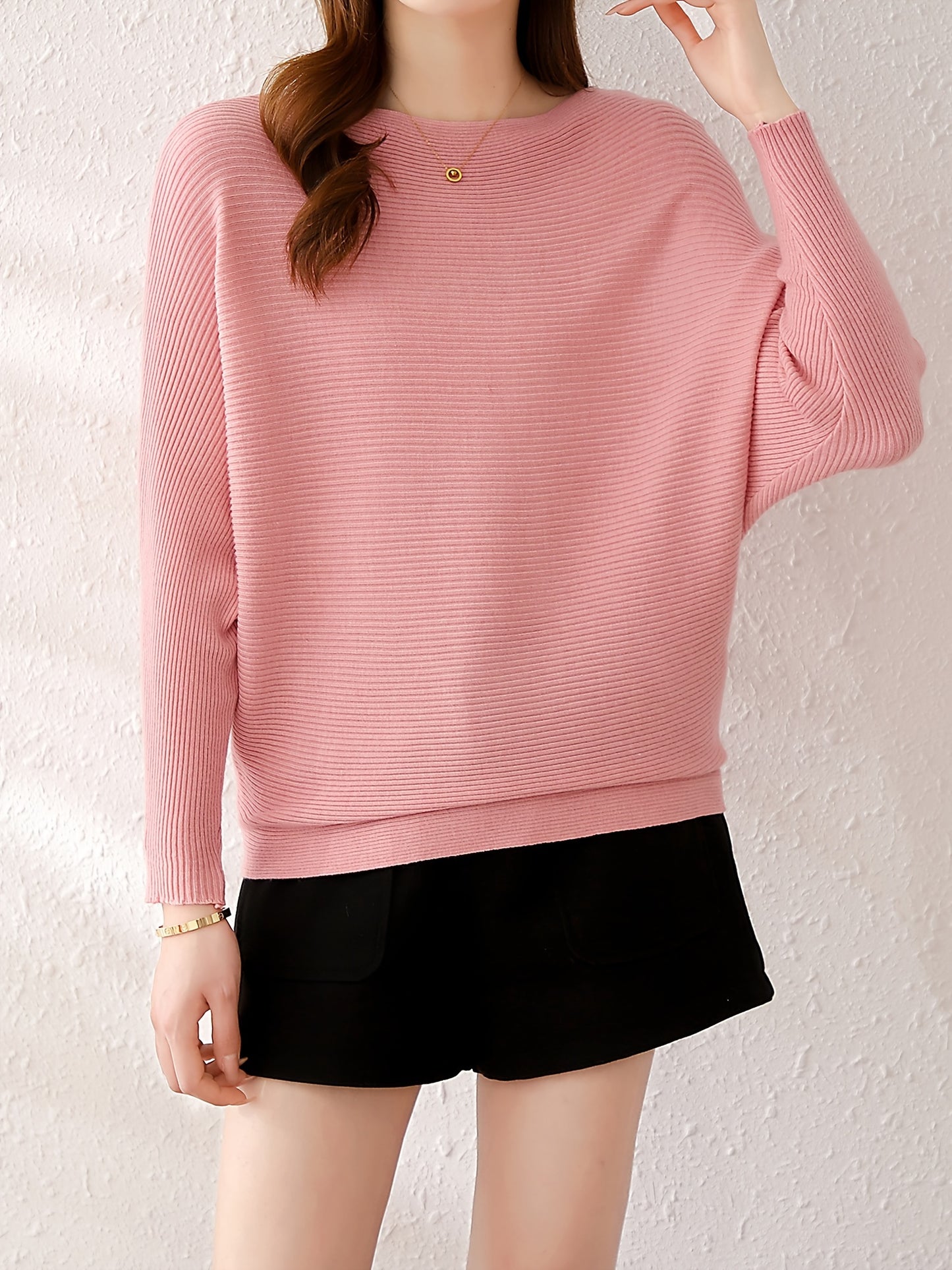 Solid Batwing Sleeve Knit Sweater, Casual Boat Neck Sweater For Spring & Fall, Women's Clothing