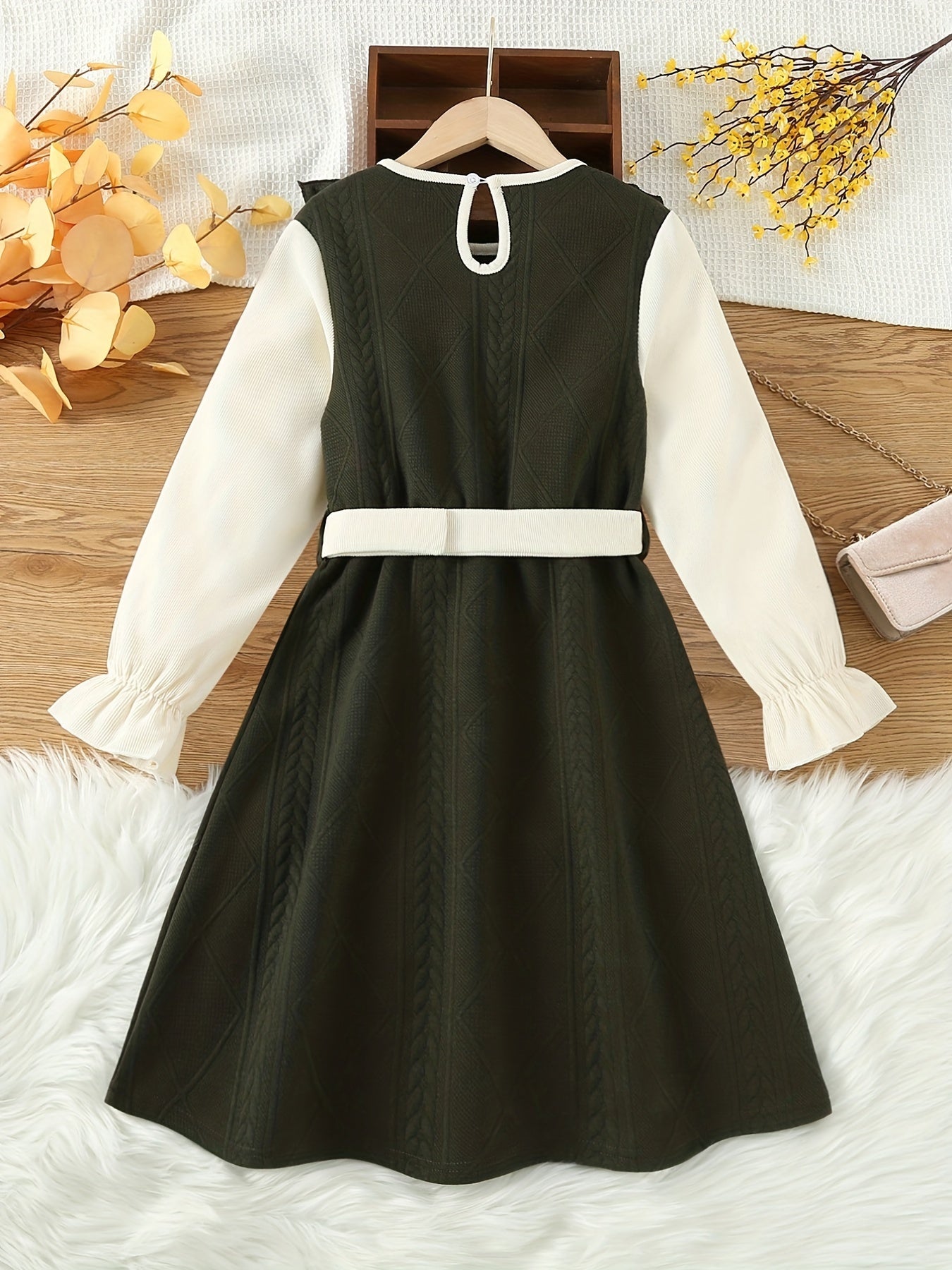 vlovelaw Girls' Color Block Flutter Trim Long Sleeve Fall/ Winter Casual Dress For Outwear, Pre Teen Girl Clothing Gift Idea