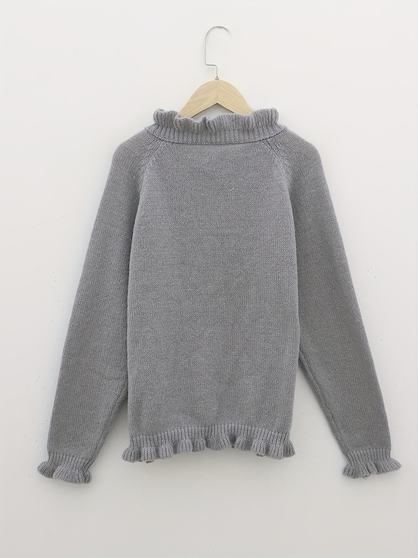 vlovelaw Solid V Neck Button Ruffle Hem Pullover Sweater, Casual Long Sleeve Sweater For Fall & Winter, Women's Clothing