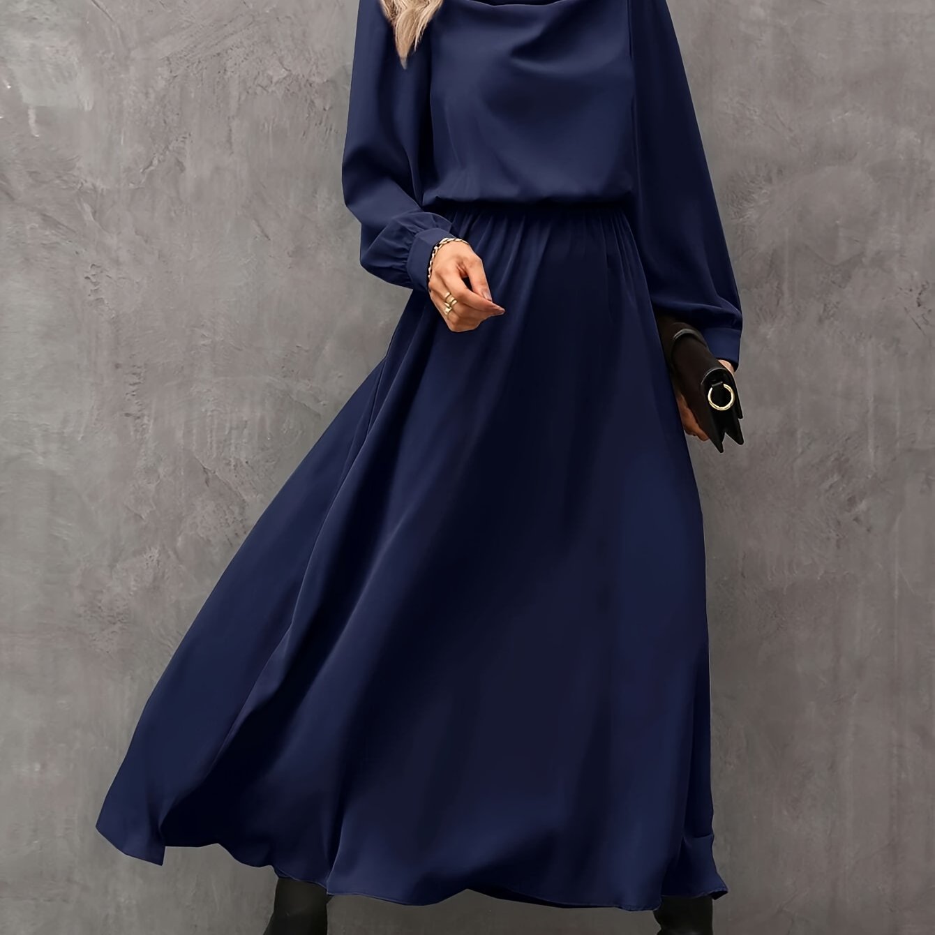 vlovelaw Cowl Neck Solid Midi Dress, Elegant Long Sleeve A Line Dress, Women's Clothing