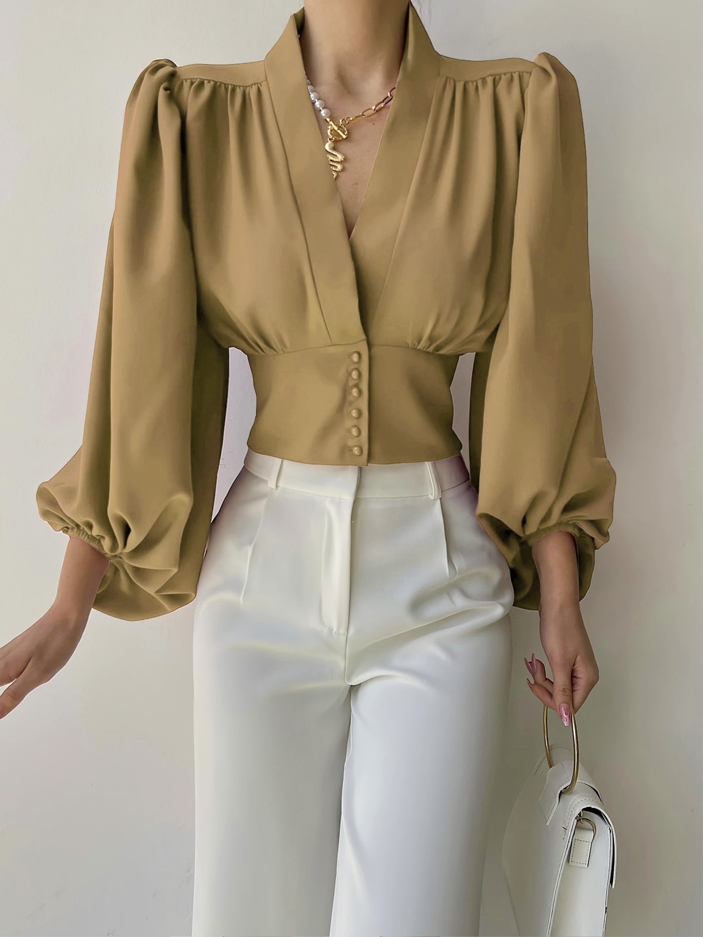 vlovelaw Solid Button Front V-neck Slim Blouse, Elegant Lantern Sleeve Blouse For Spring & Fall, Women's Clothing