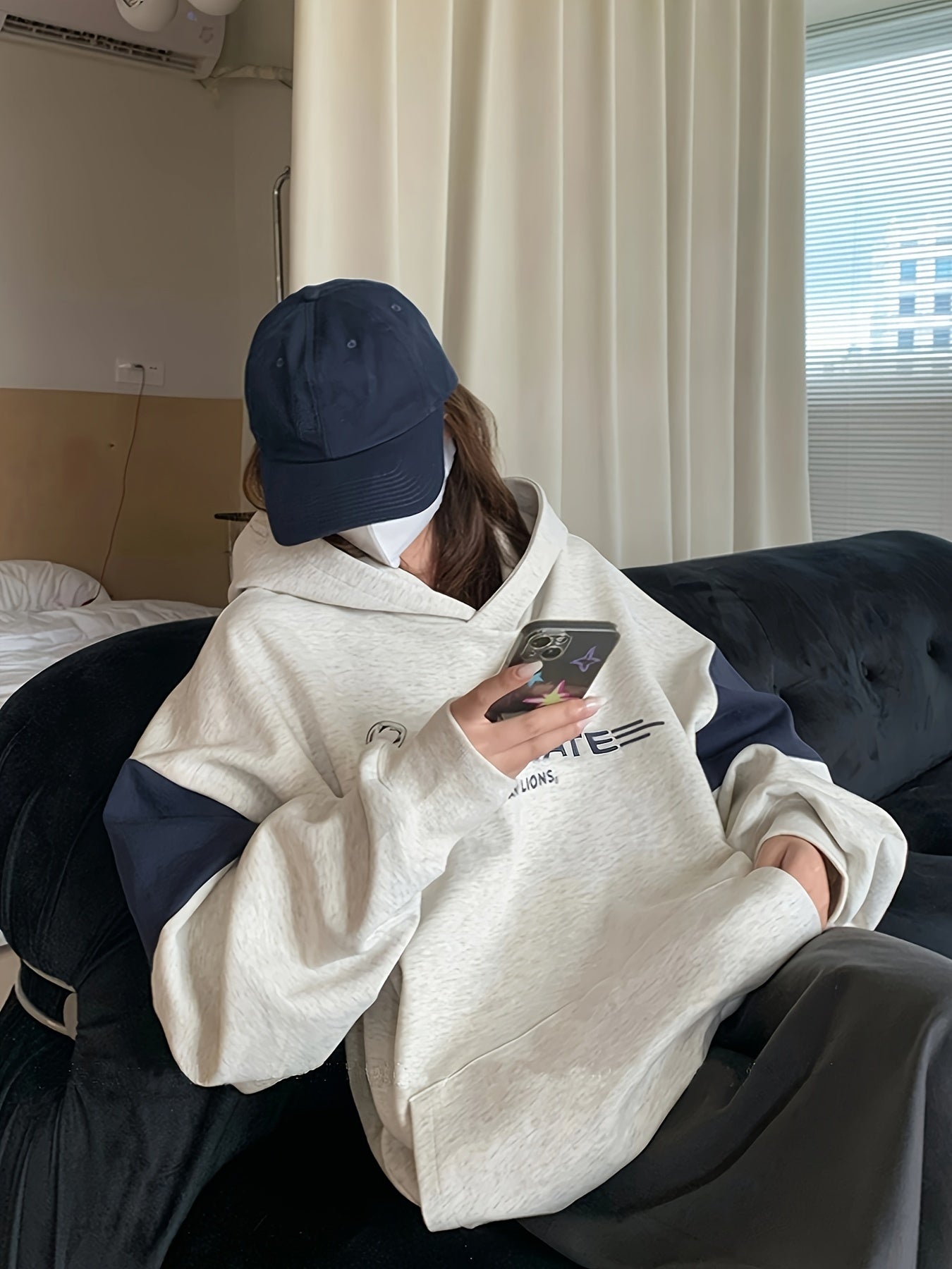 vlovelaw Contrast Color Casual Hooded Sweatshirt, Long Sleeves Letter Print Sports Sweatshirt, Women's Activewear