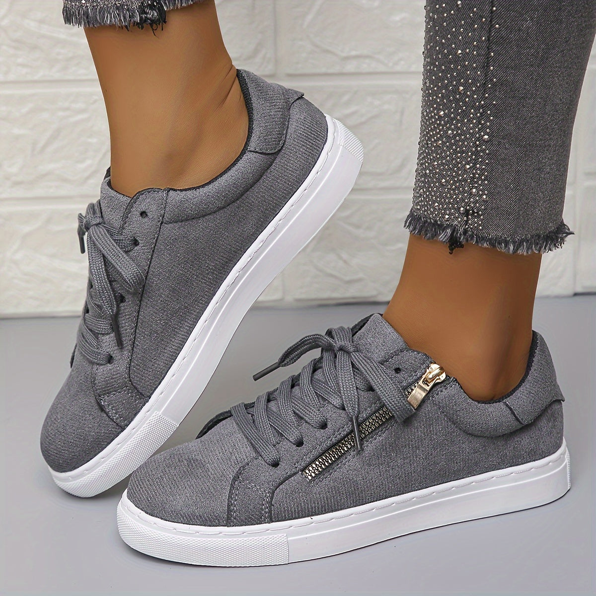 vlovelaw Women's Side Zipper Design Sneakers, Casual Lace Up Outdoor Shoes, Comfortable Low Top Shoes