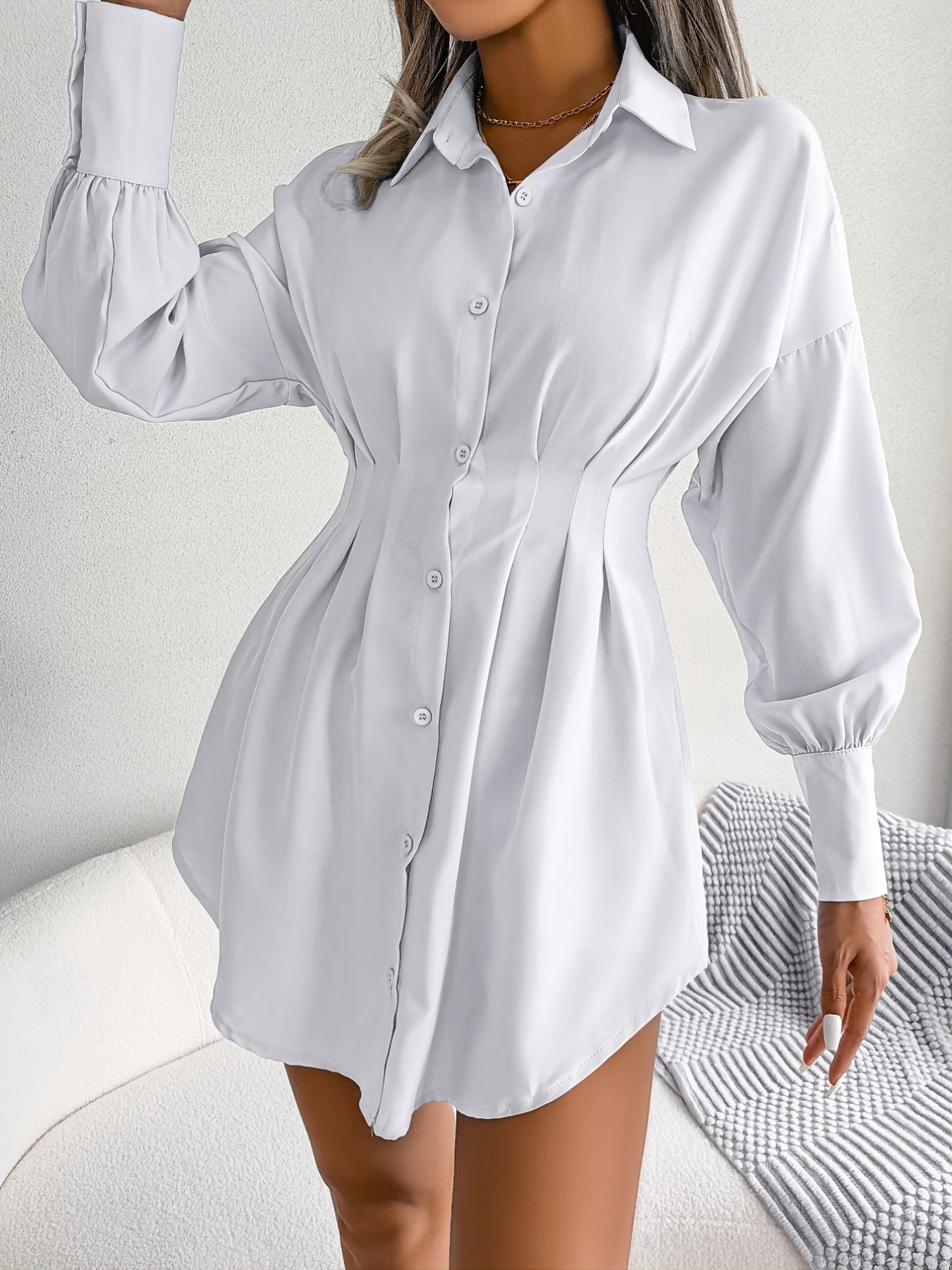 Lantern Sleeve Pleated Waist Dress, Casual Shirt Dress For Spring & Fall, Women's Clothing