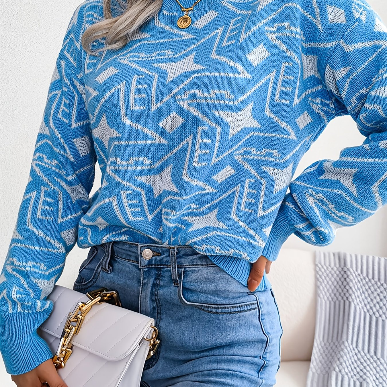 vlovelaw Women's Star Sweater Casual Printed Knit Sweater Mock Neck Colorblock Long Sleeve Loose Fit Pullover Knitwear