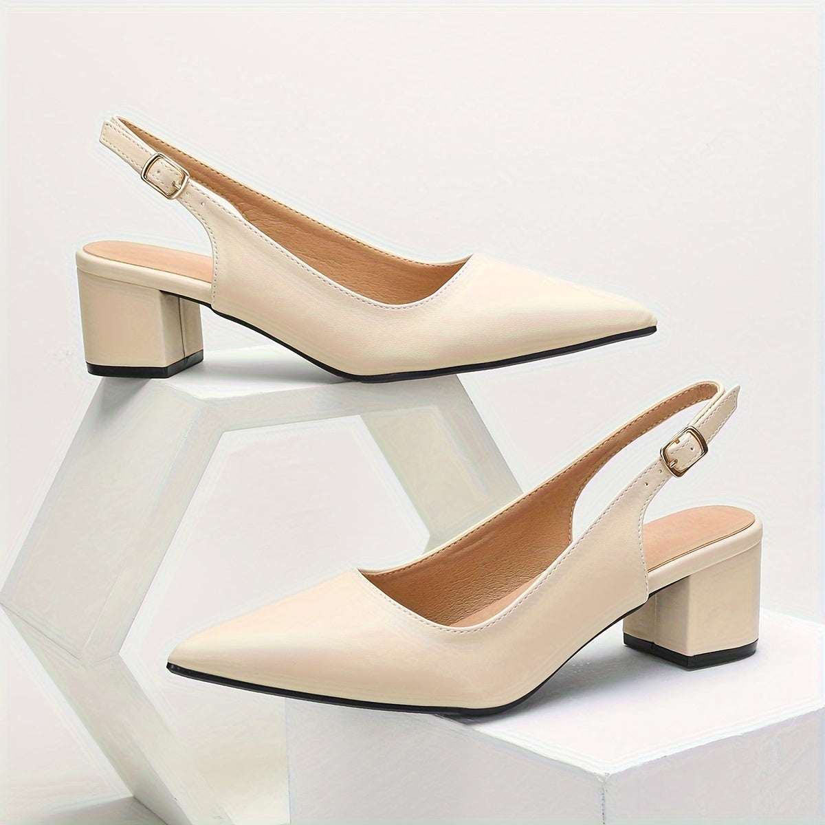 vlovelaw Elegant Women's Dress Pumps-Solid Color & Chunky Heels-Versatile Point Toe with Fashionable Slingback Buckle-Perfect for Evenings & Special Occasions