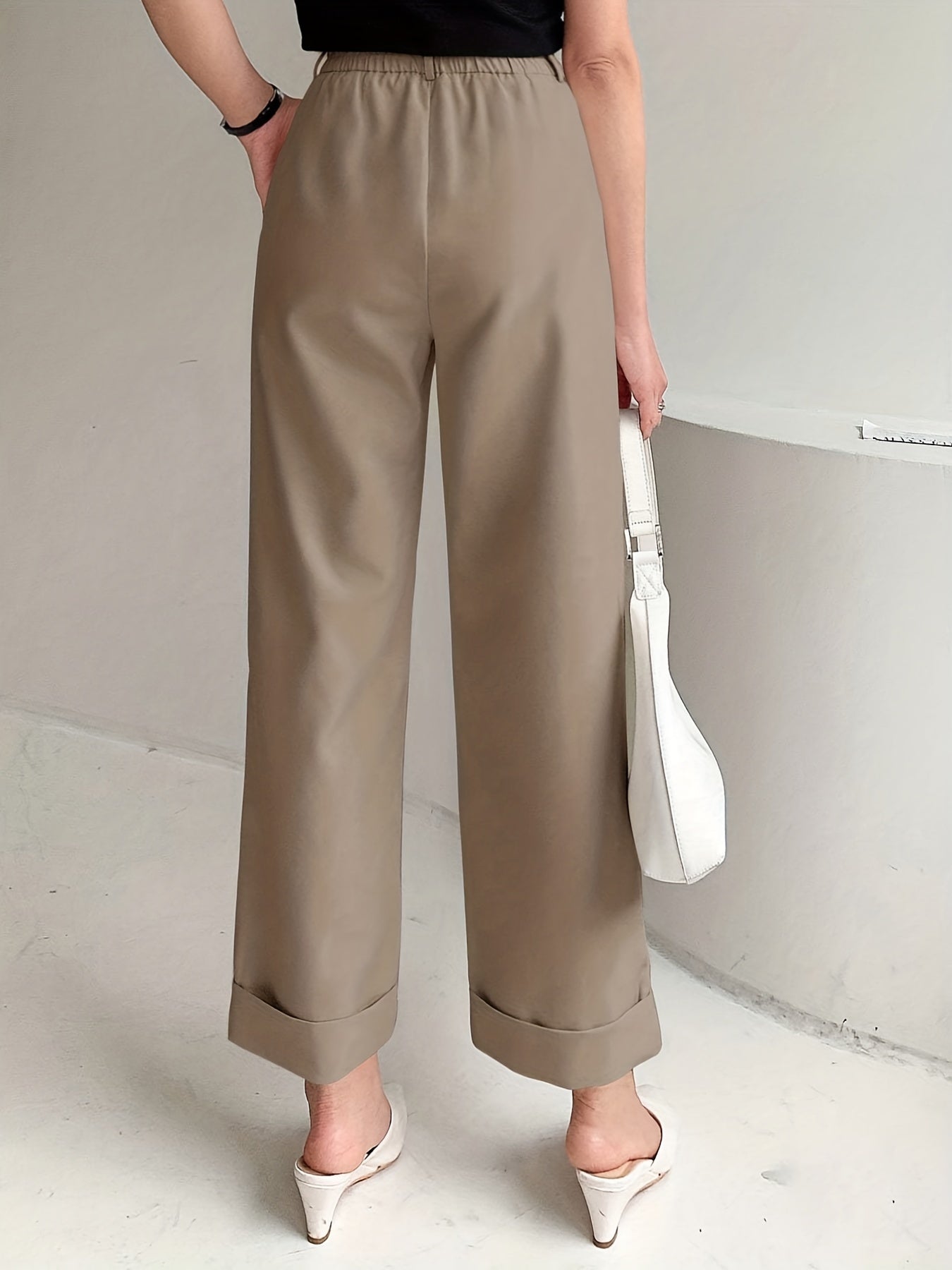 Solid Button Straight Leg Pants, Casual High Waist Draped Pleated Pants, Women's Clothing