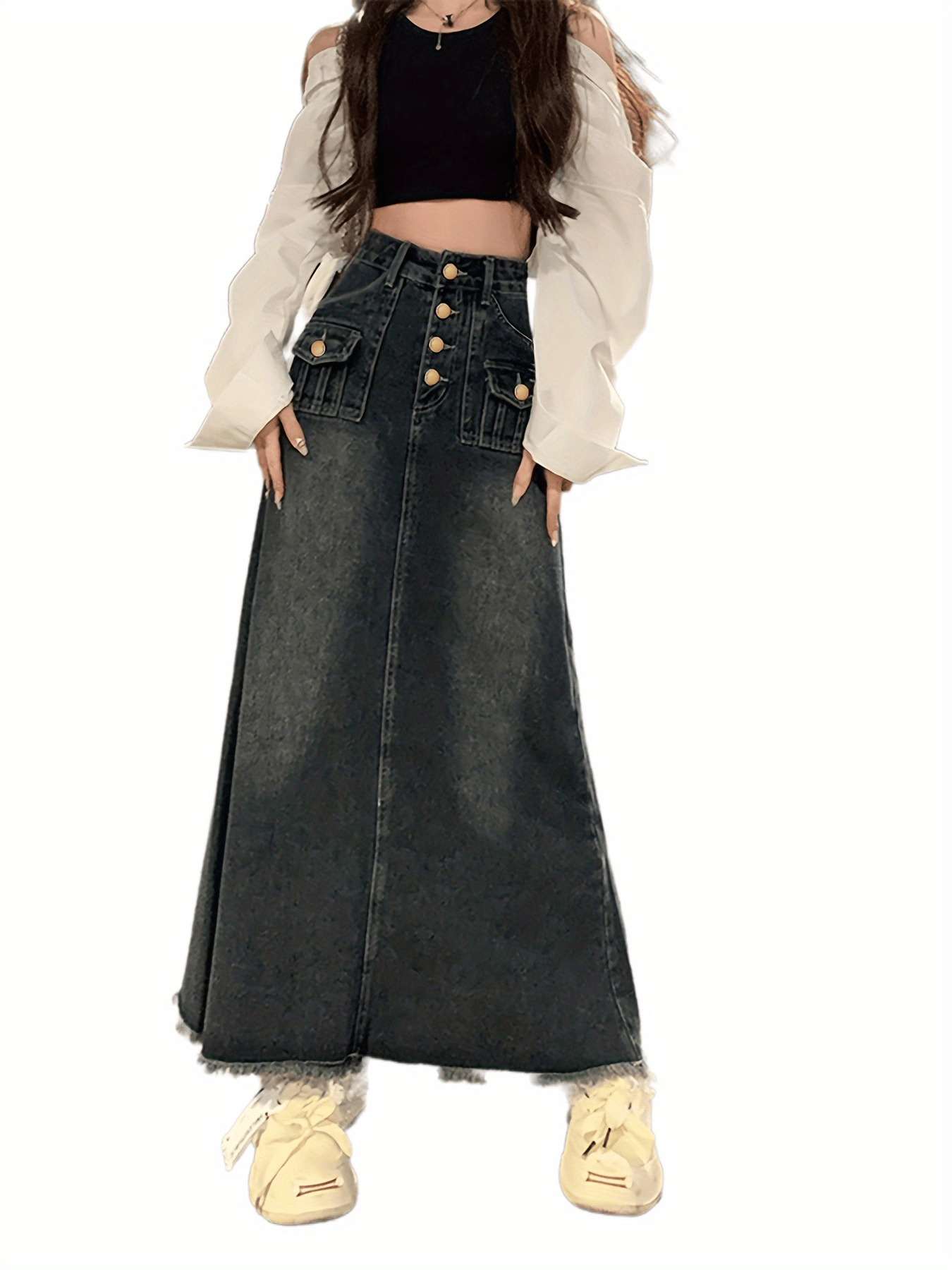 vlovelaw  Black Frayed Trim Denim Midi Skirt, Single Breasted Button Flap Pockets Casual Denim Skirt, Women's Denim Clothing
