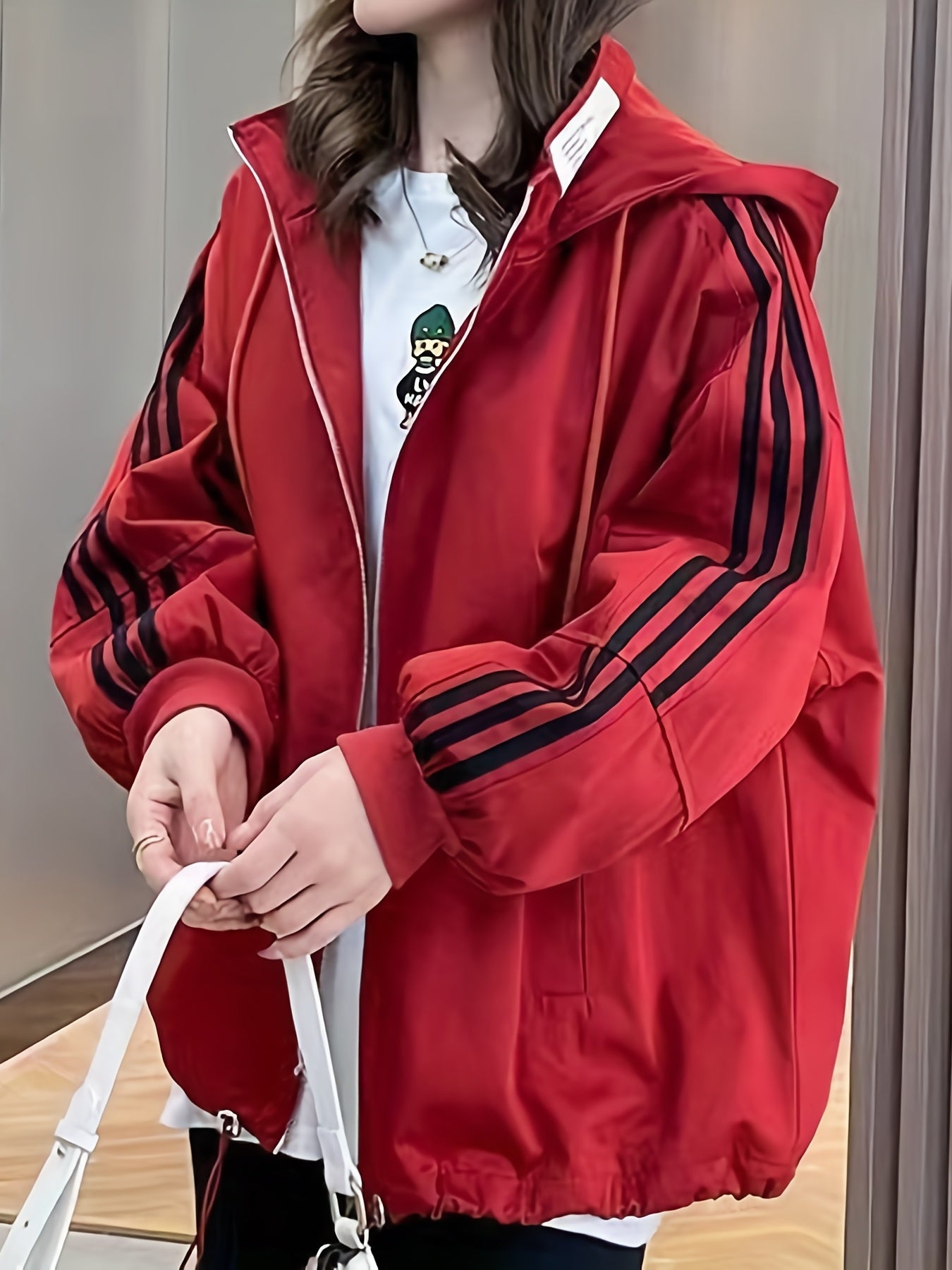 vlovelaw  Striped Print Zip Up Jacket, Casual Drawstring Hooded Jacket, Women's Clothing