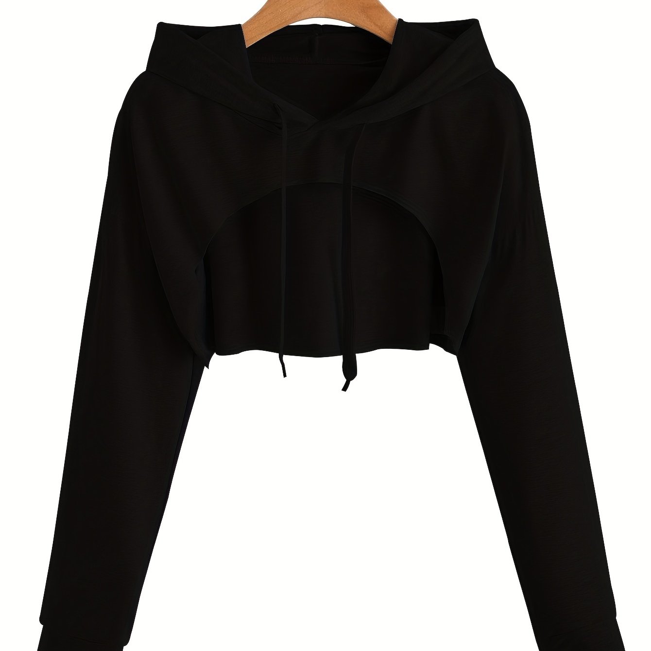vlovelaw Solid Color Hooded Sports Cut Out Crop Sweatshirt, Fashion Long Sleeve Drawstring Crop Hoodie, Women's Tops