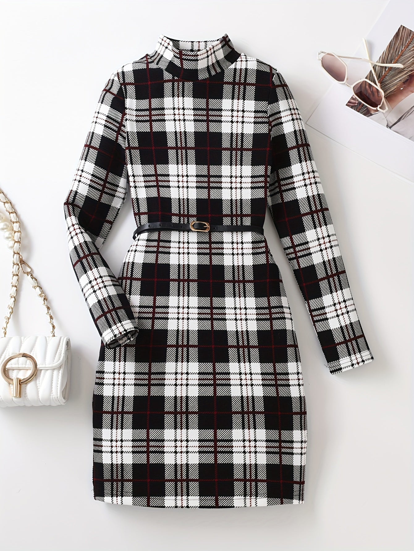 Vintage Girls' Plaid Turtleneck Long Sleeve Dress Kids Clothes For Fall Party