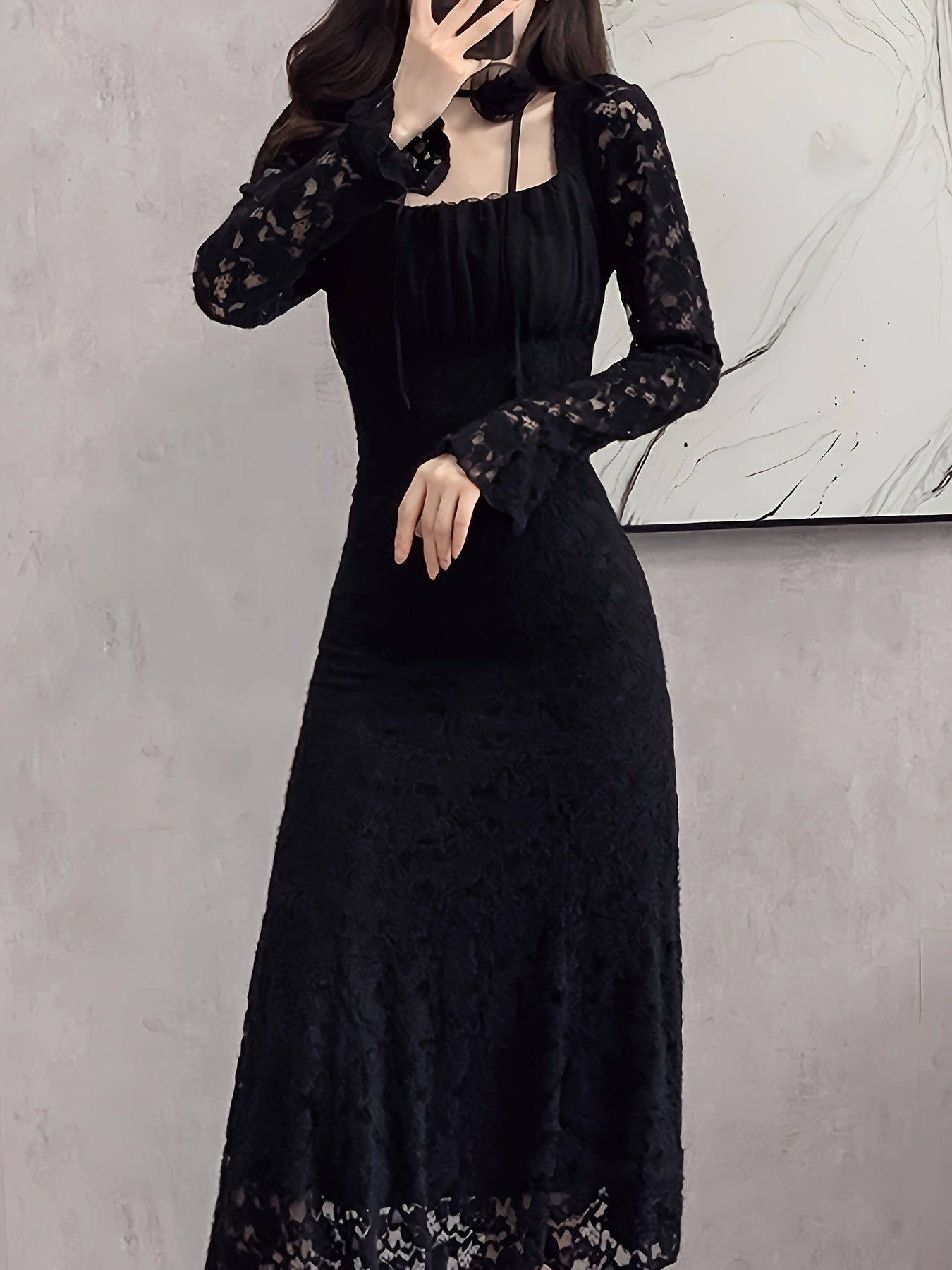 vlovelaw Square Neck Lace Trumpet Dress, Chic Long Sleeve Ruched Mid Calf Dress, Women's Clothing