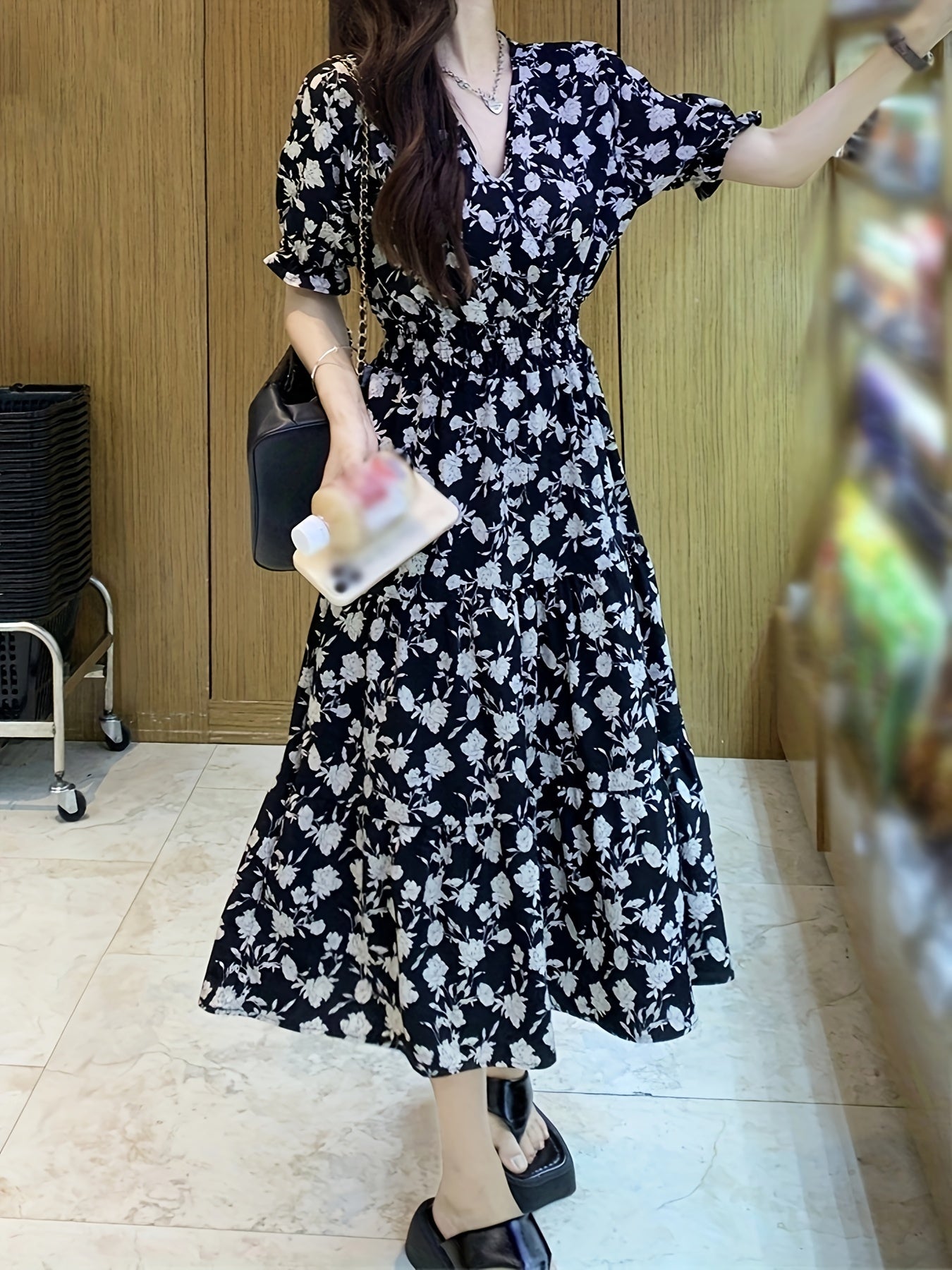 Floral Print V Neck Dress, Casual Puff Sleeve Shirred Waist Dress, Women's Clothing