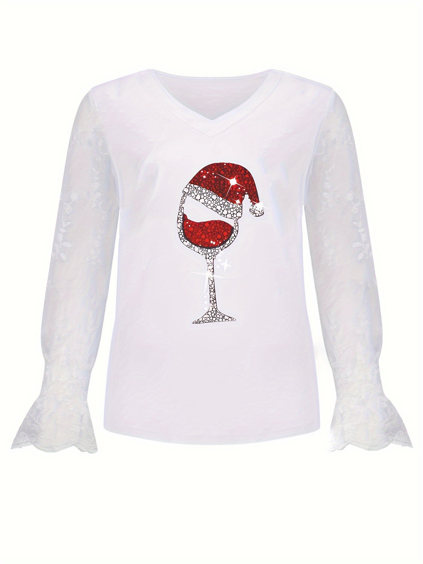 Christmas Wine Glass Pattern T-Shirt, Casual V Neck Lace Stitching Long Sleeve Top For Spring & Fall, Women's Clothing