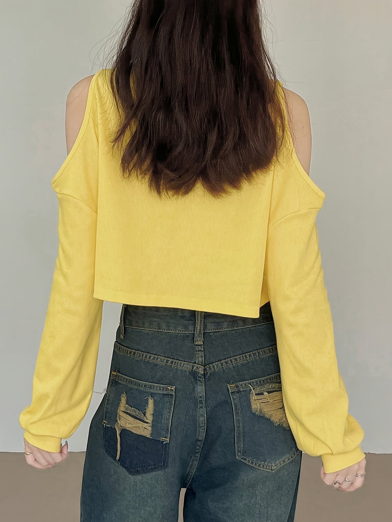 Cold Shoulder Crop T-Shirt, Casual Long Sleeve Crew Neck Top, Women's Clothing