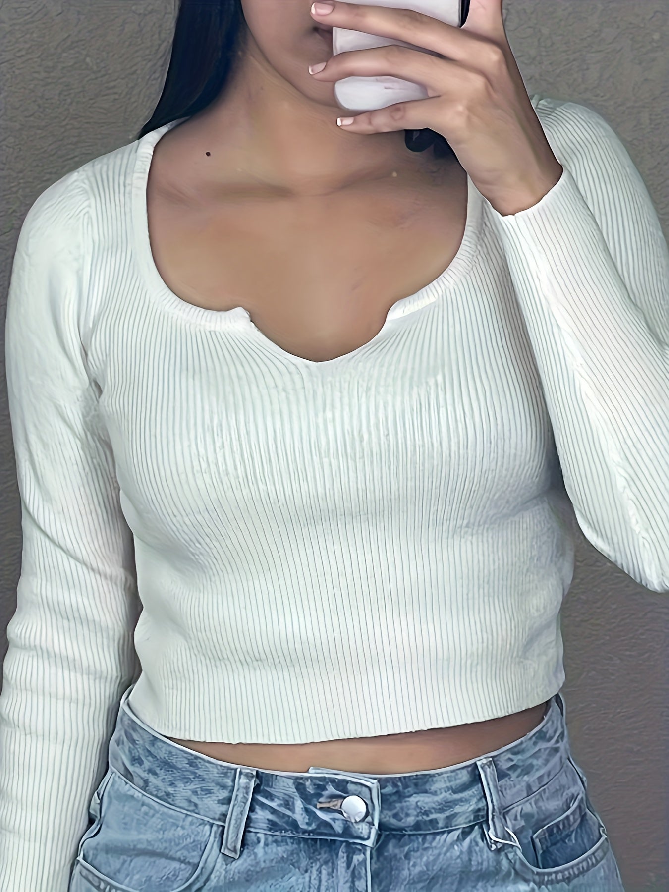 Slim Notched Neck Knit Sweater, Casual Solid Long Sleeve Sweater, Women's Clothing
