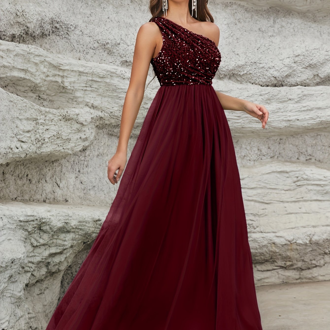 vlovelaw One Shoulder Sequin Dress, Elegant Sleeveless Dress For Party & Banquet, Women's Clothing