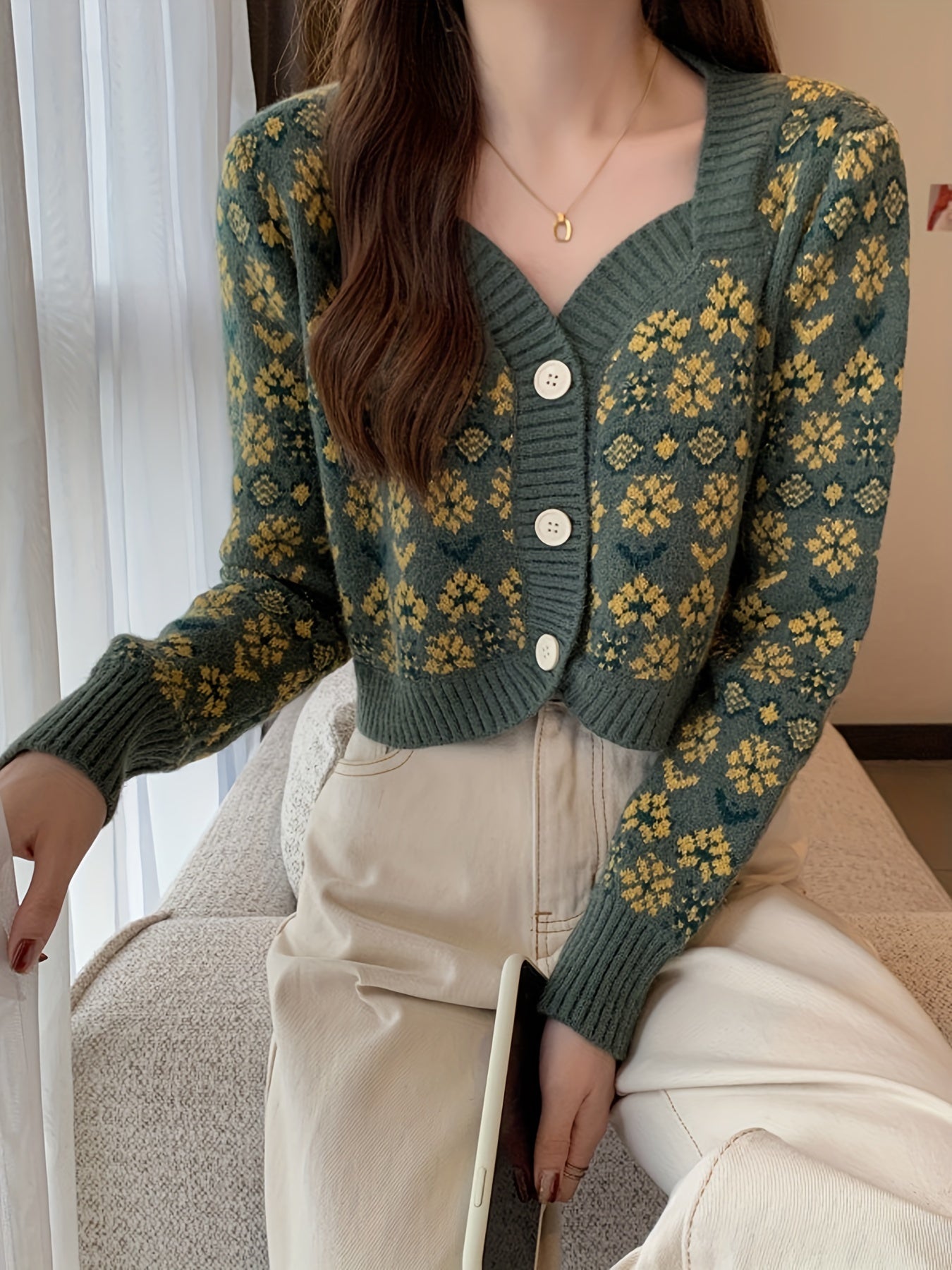 vlovelaw Floral Pattern Button Down Knit Cardigan, Cute Long Sleeve Crop Sweater, Women's Clothing